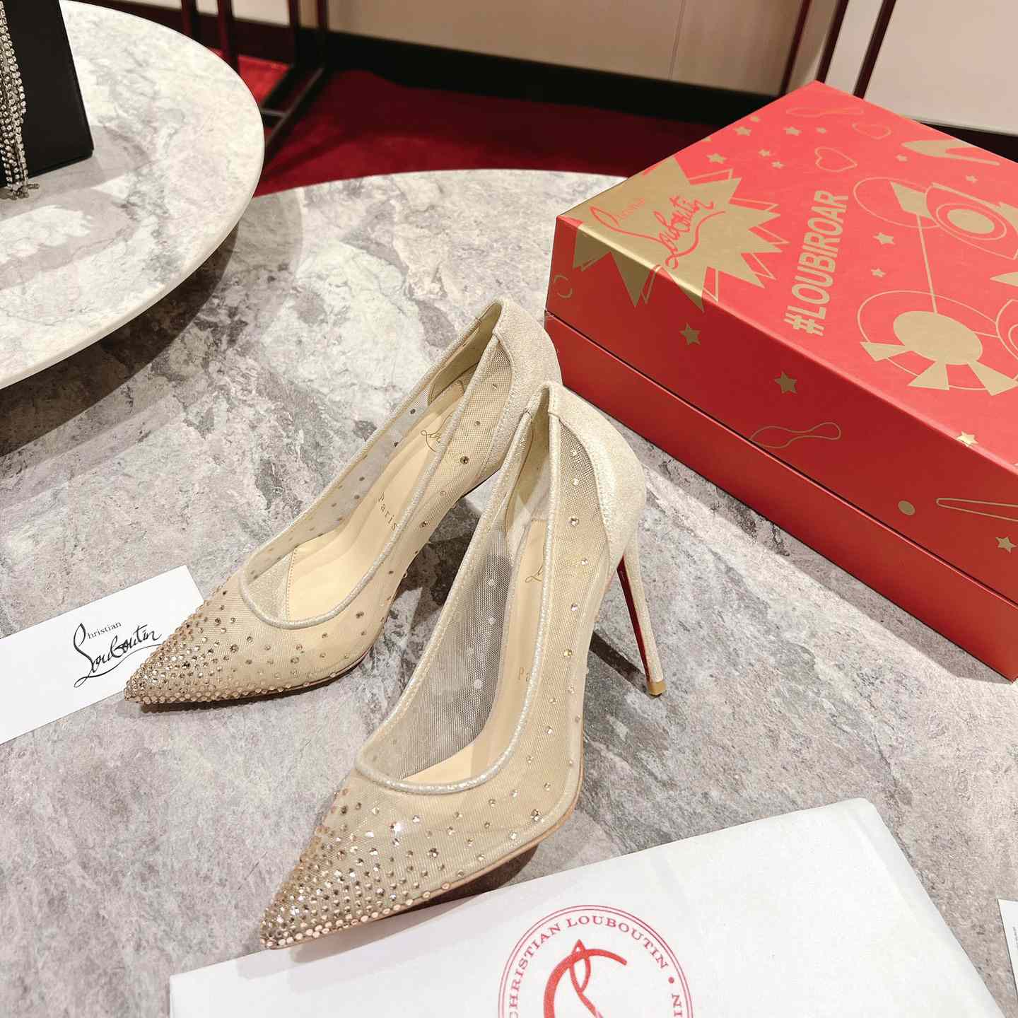 Christian Louboutin Follies Strass 85 mm Pumps - Irridescent Suede Calf, Net And Strass - Light Silk - PerfectKickZ