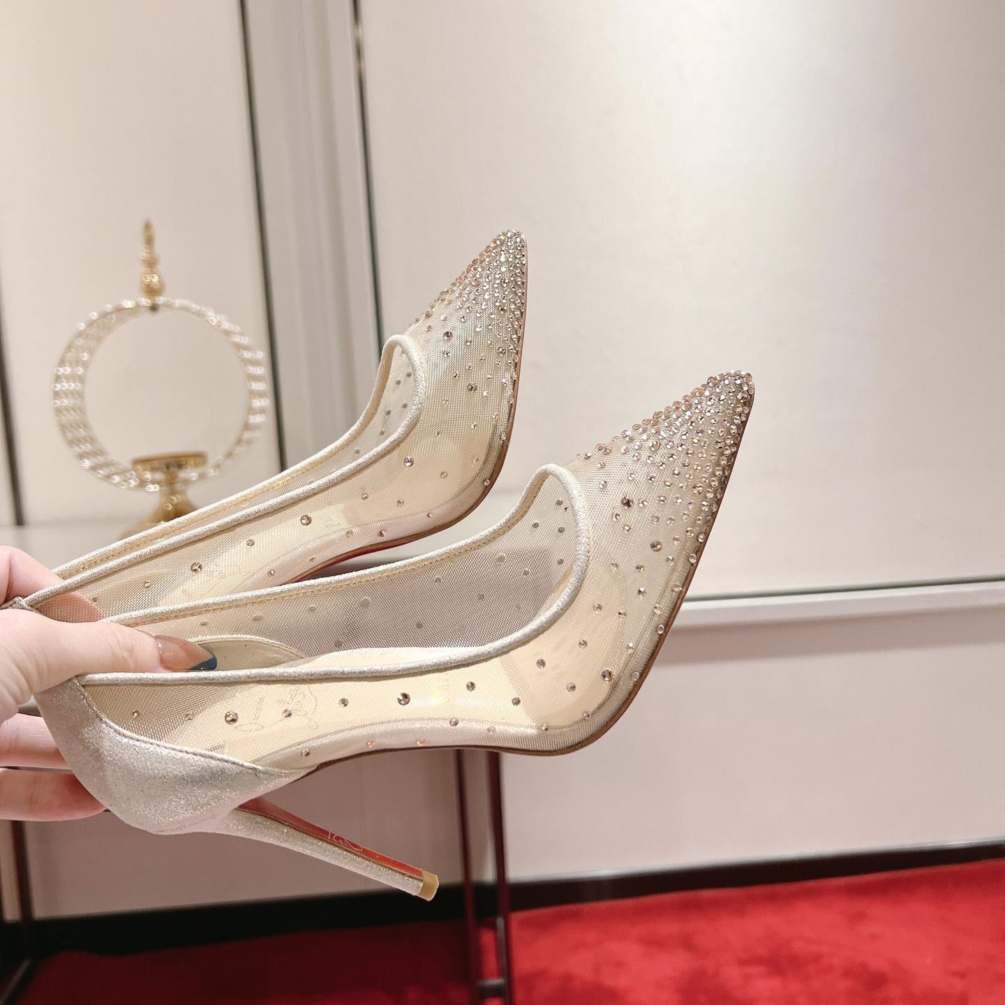 Christian Louboutin Follies Strass 85 mm Pumps - Irridescent Suede Calf, Net And Strass - Light Silk - PerfectKickZ