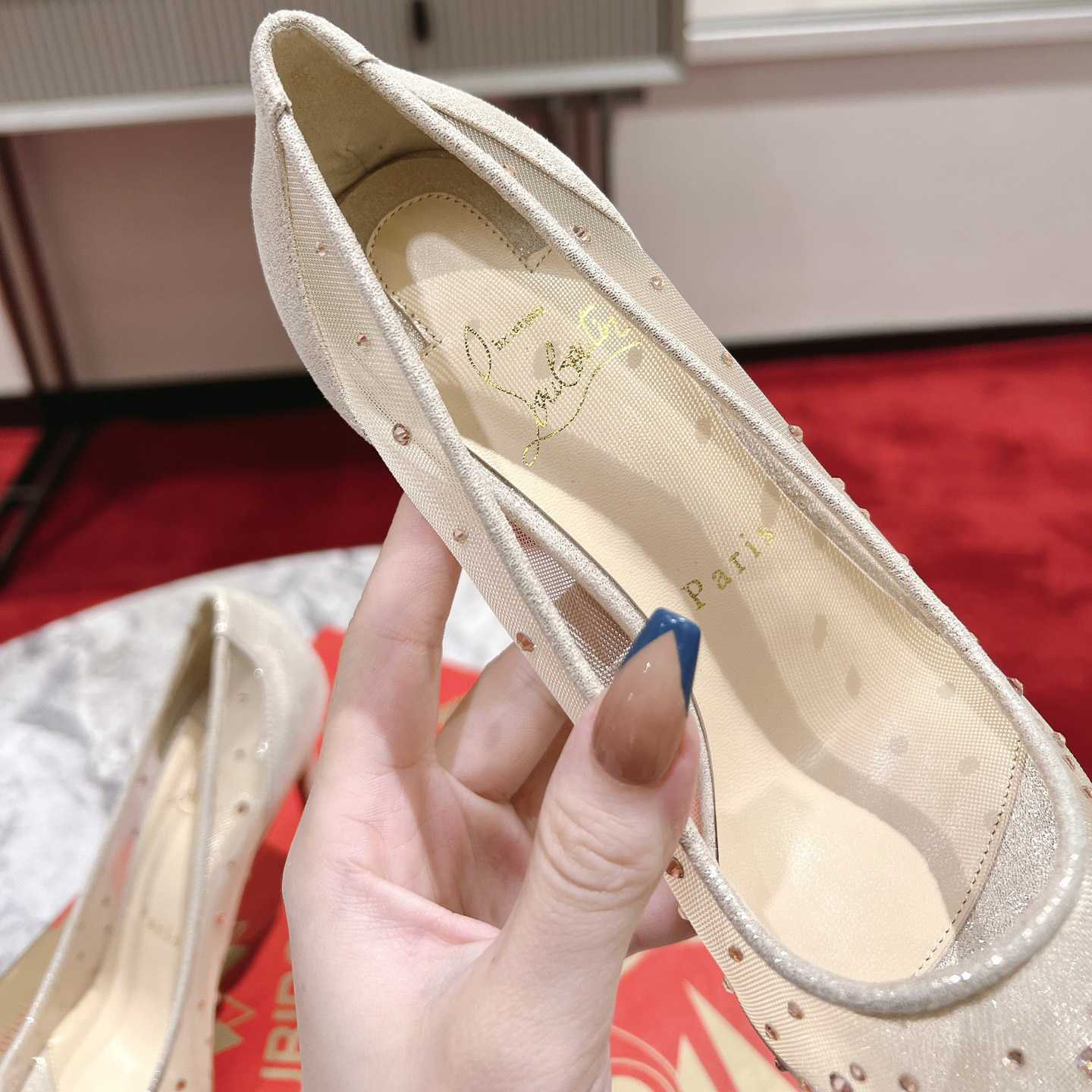 Christian Louboutin Follies Strass 85 mm Pumps - Irridescent Suede Calf, Net And Strass - Light Silk - PerfectKickZ