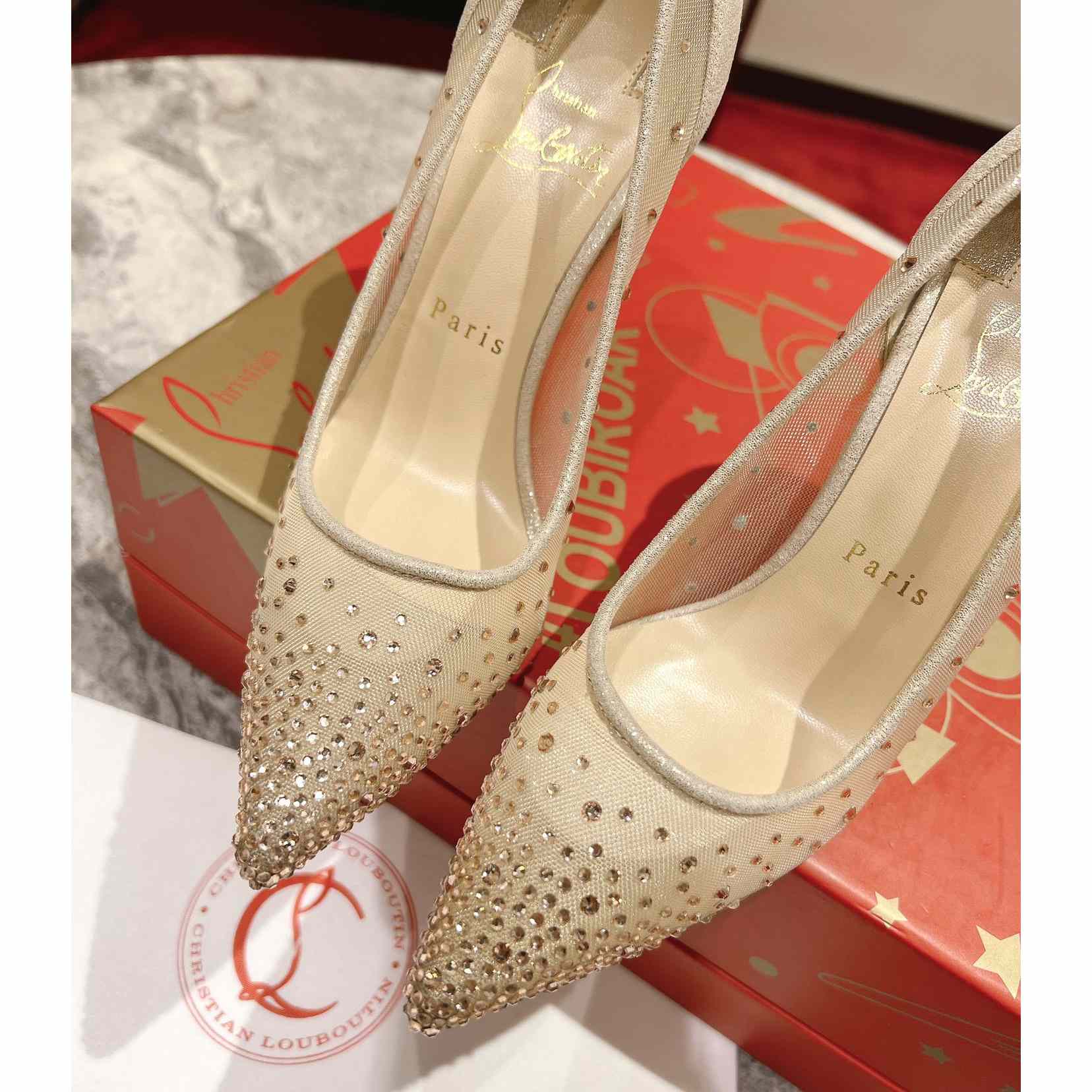 Christian Louboutin Follies Strass 85 mm Pumps - Irridescent Suede Calf, Net And Strass - Light Silk - PerfectKickZ