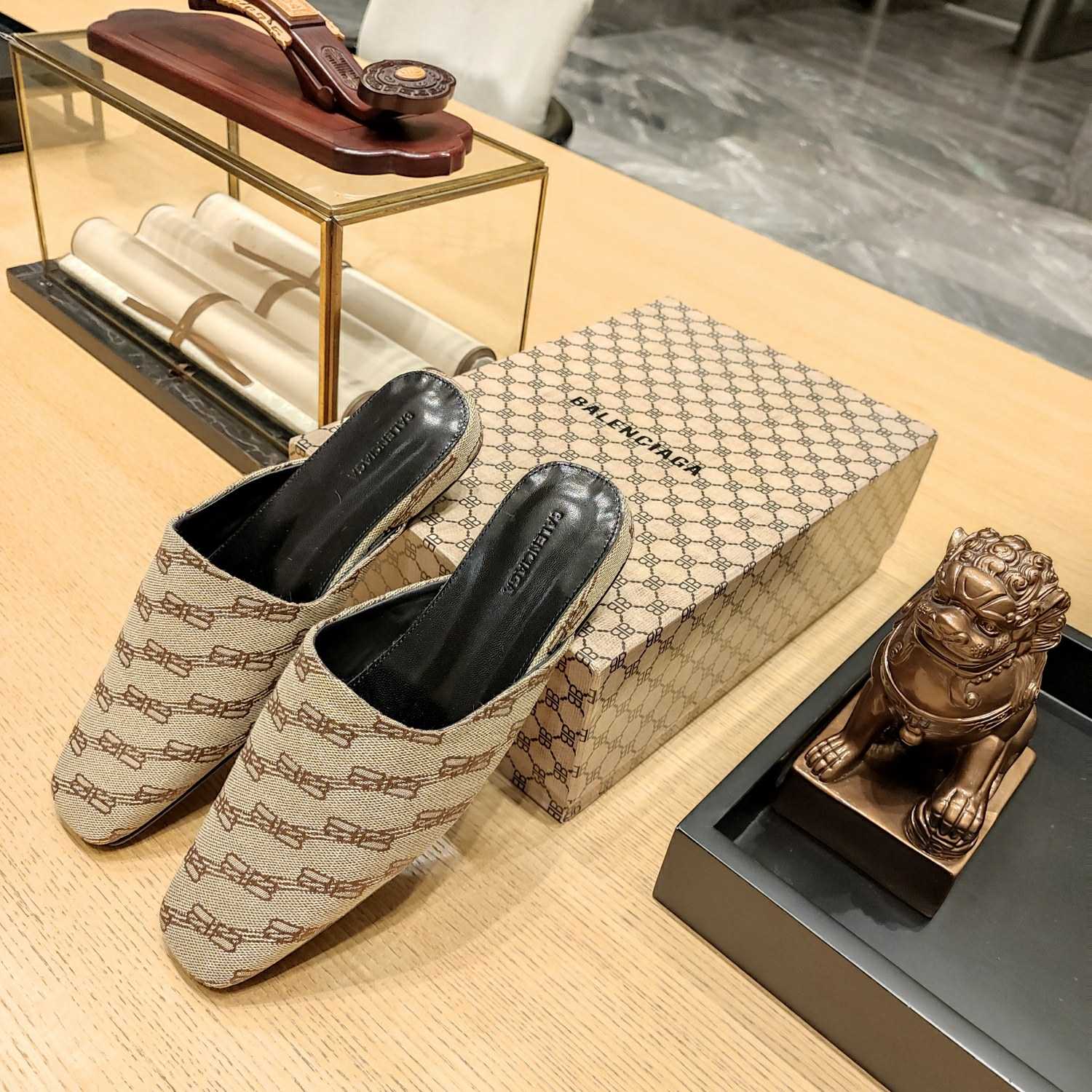 Balenciaga Women's Cosy Mule BB Monogram In Beige  - PerfectKickZ