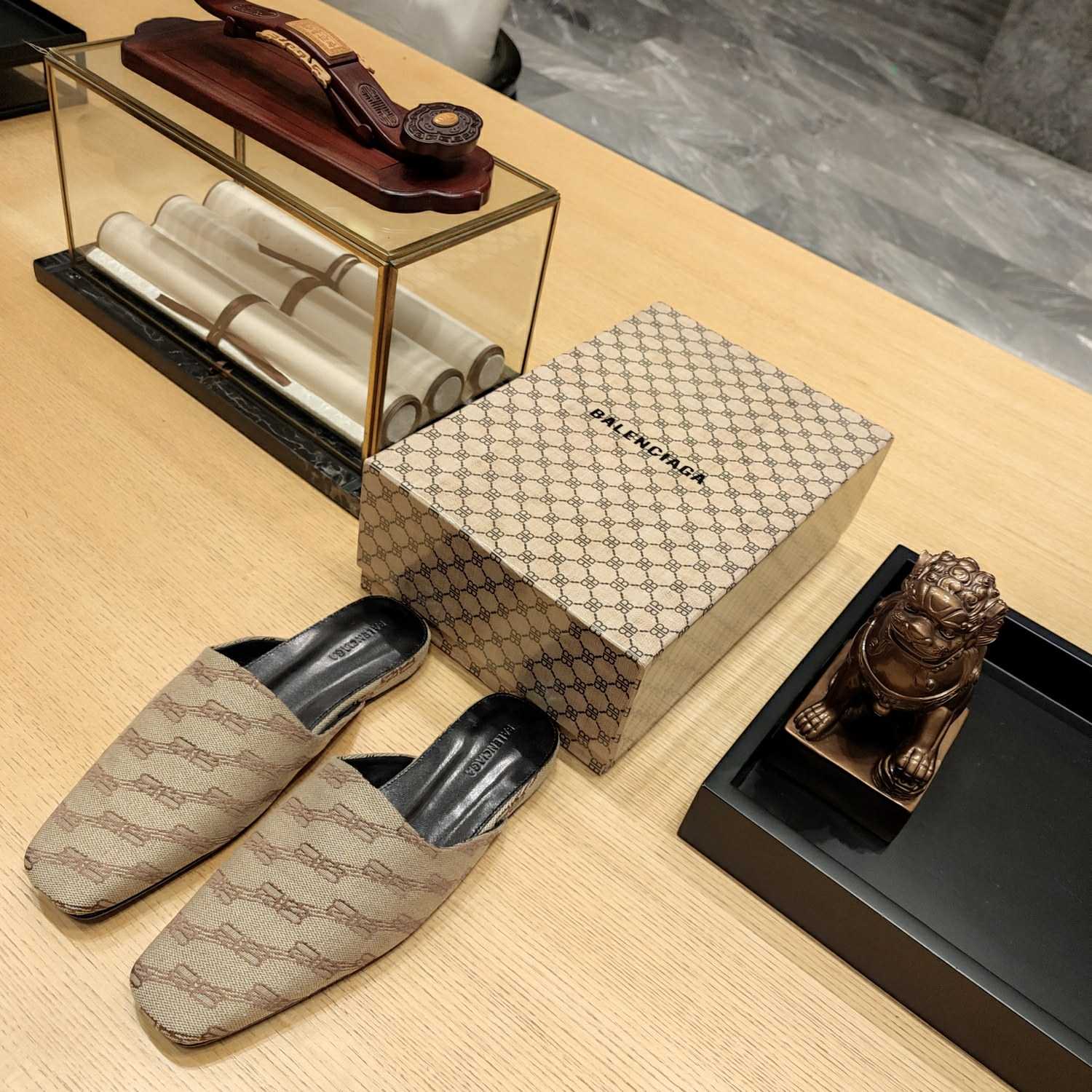 Balenciaga Women's Cosy Mule BB Monogram In Beige  - PerfectKickZ