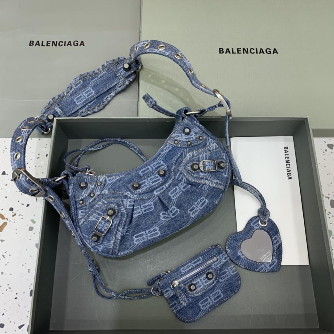 Balenciaga Le Cagole XS Shoulder Bag BB Monogram Bleached Denim In Blue   (26-12-6cm) - PerfectKickZ