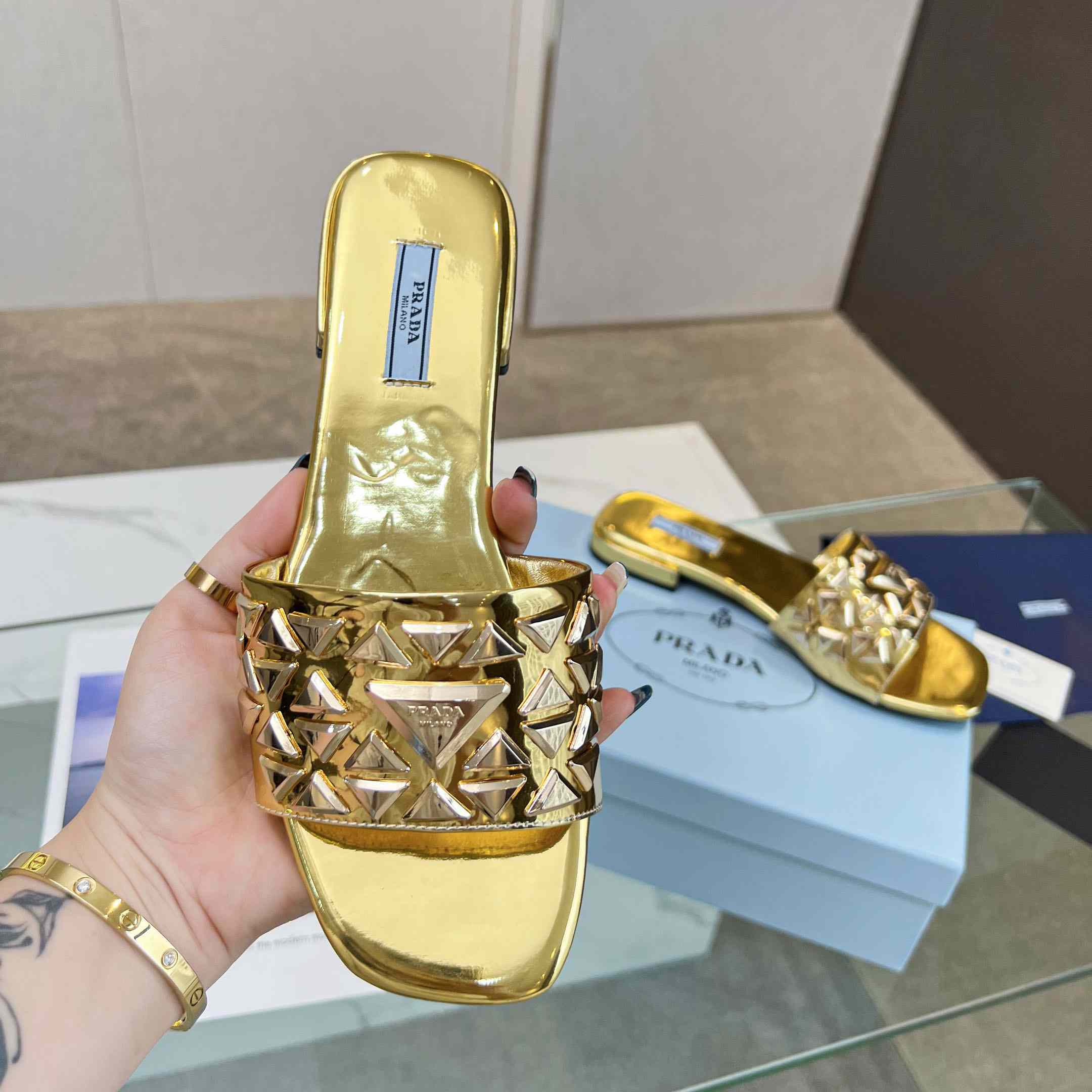 Prada Studded Metallic Leather Slides - PerfectKickZ