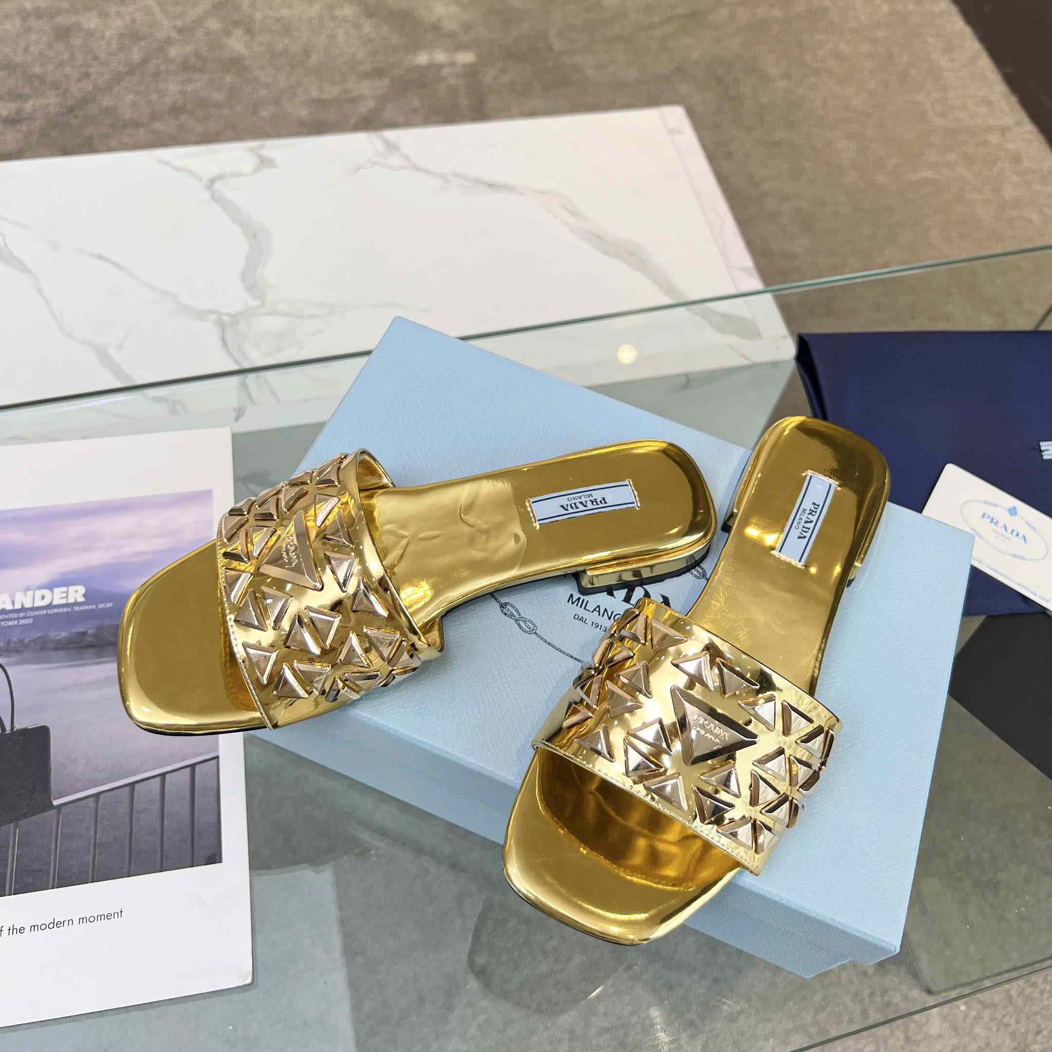 Prada Studded Metallic Leather Slides - PerfectKickZ