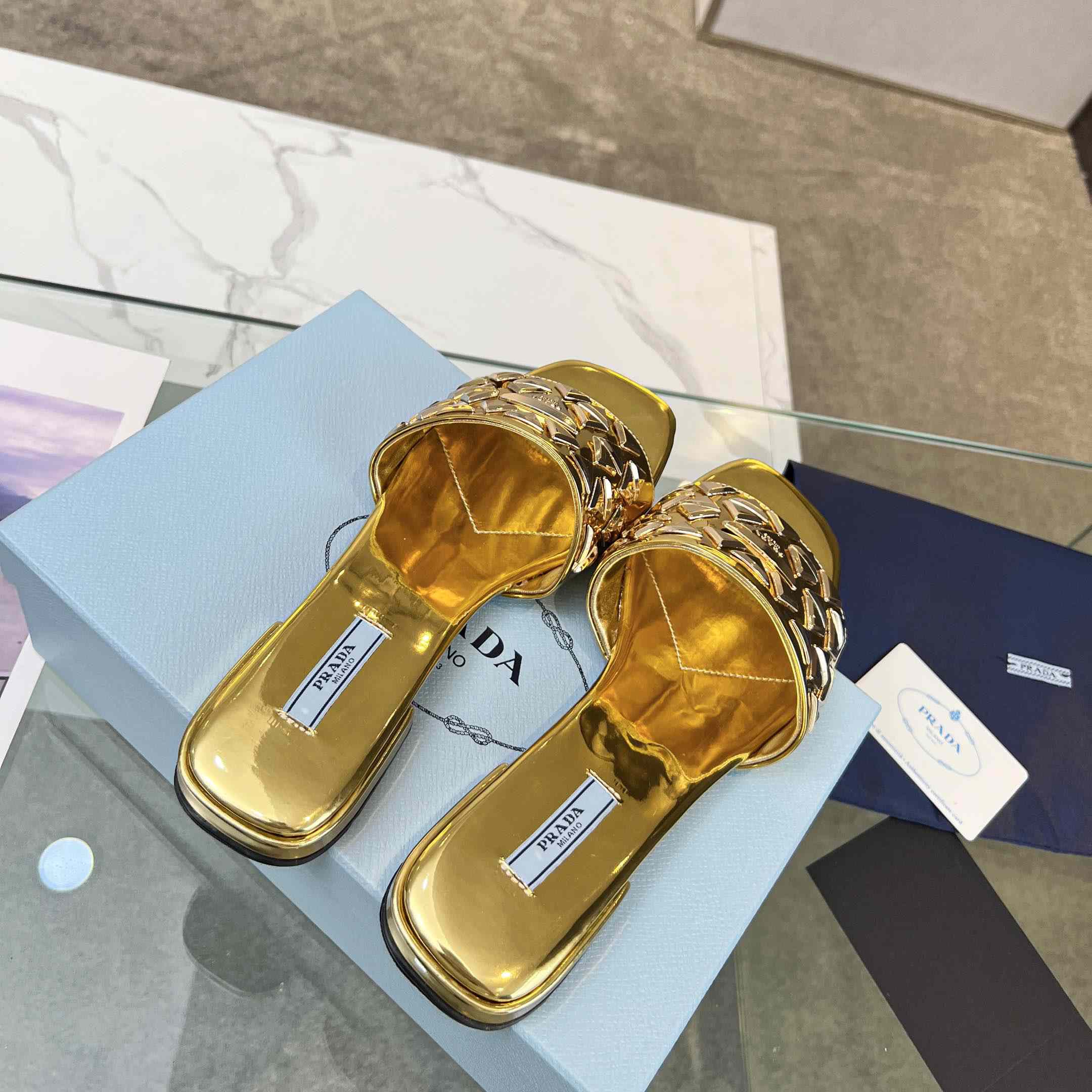 Prada Studded Metallic Leather Slides - PerfectKickZ
