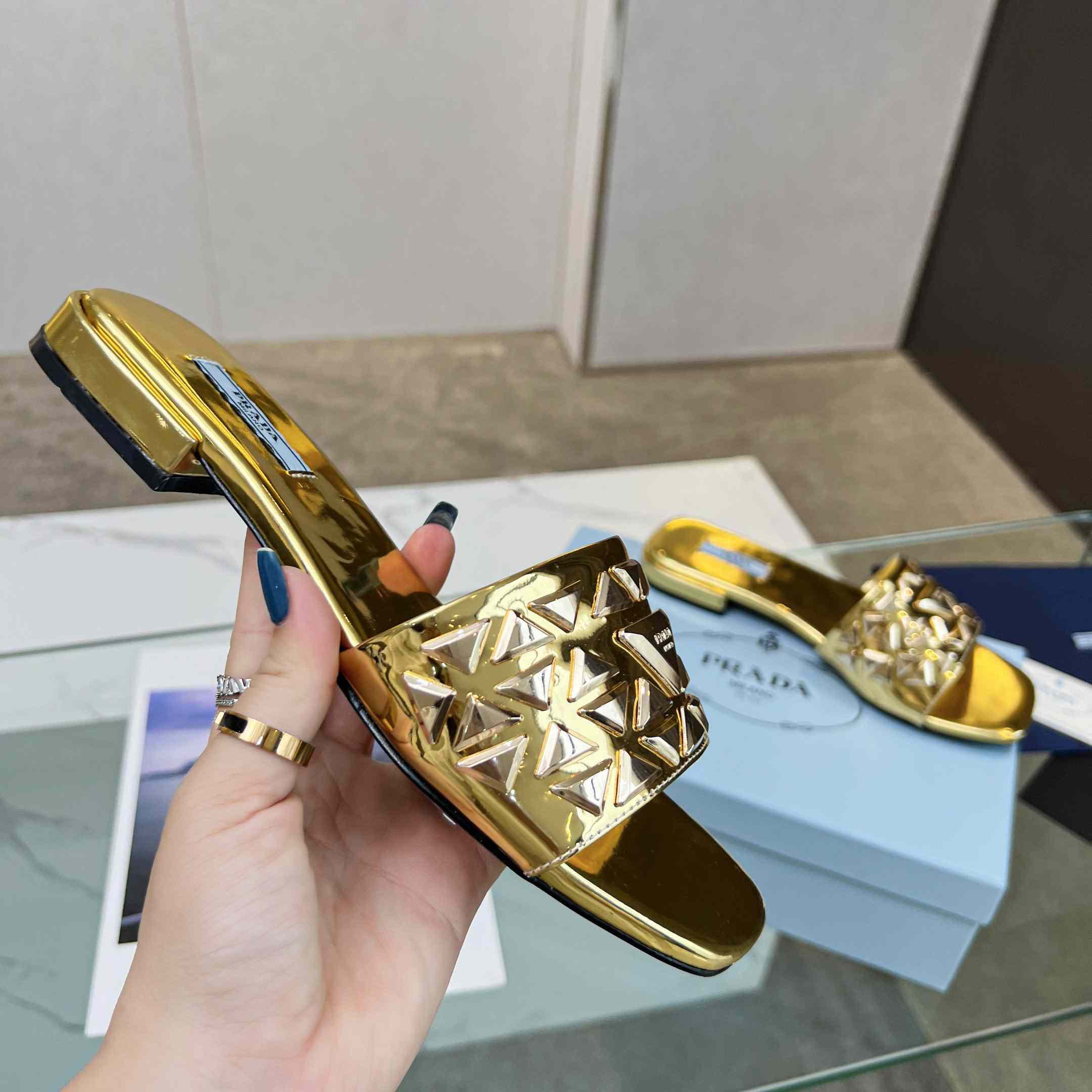 Prada Studded Metallic Leather Slides - PerfectKickZ