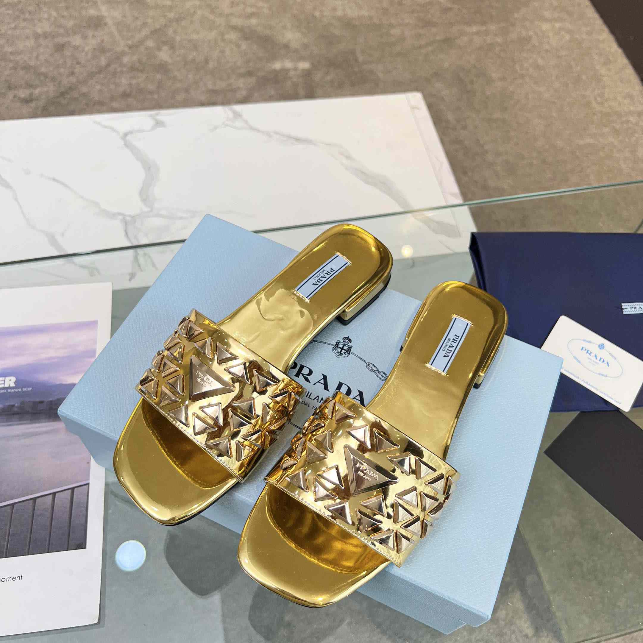 Prada Studded Metallic Leather Slides - PerfectKickZ