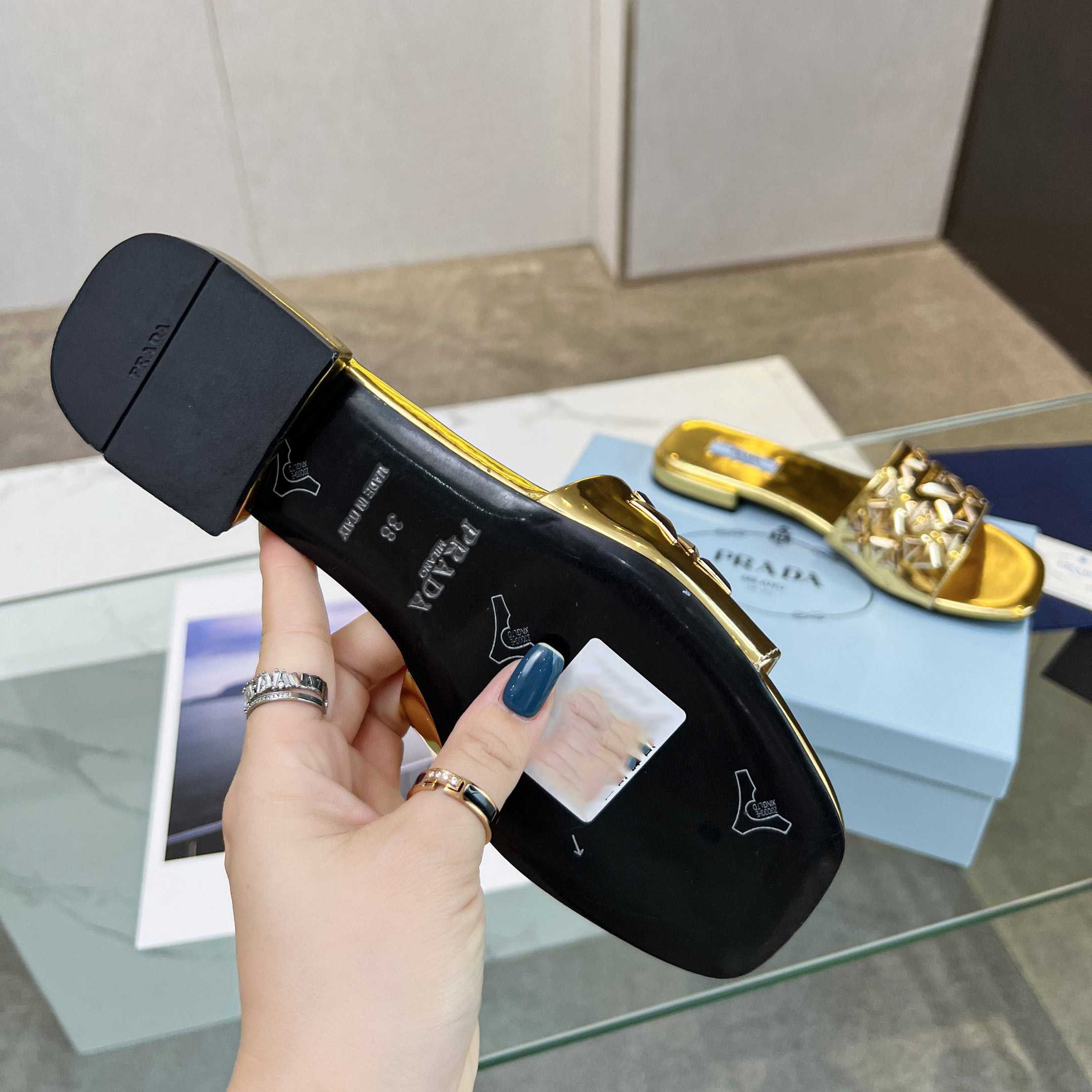 Prada Studded Metallic Leather Slides - PerfectKickZ