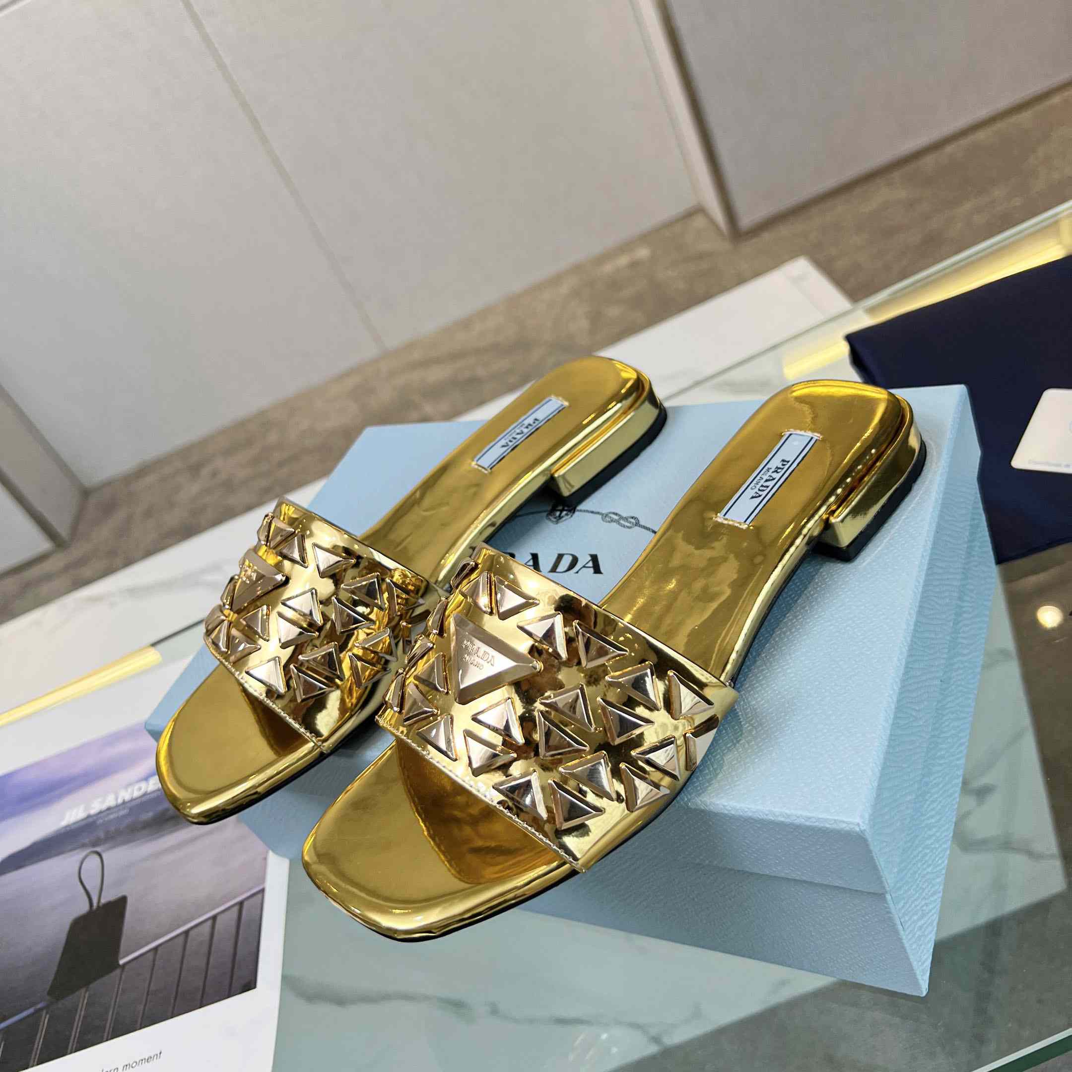Prada Studded Metallic Leather Slides - PerfectKickZ