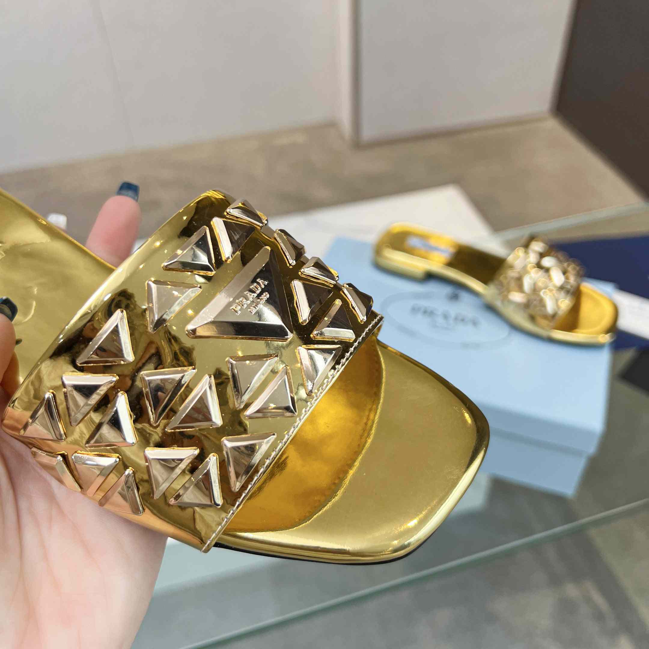 Prada Studded Metallic Leather Slides - PerfectKickZ