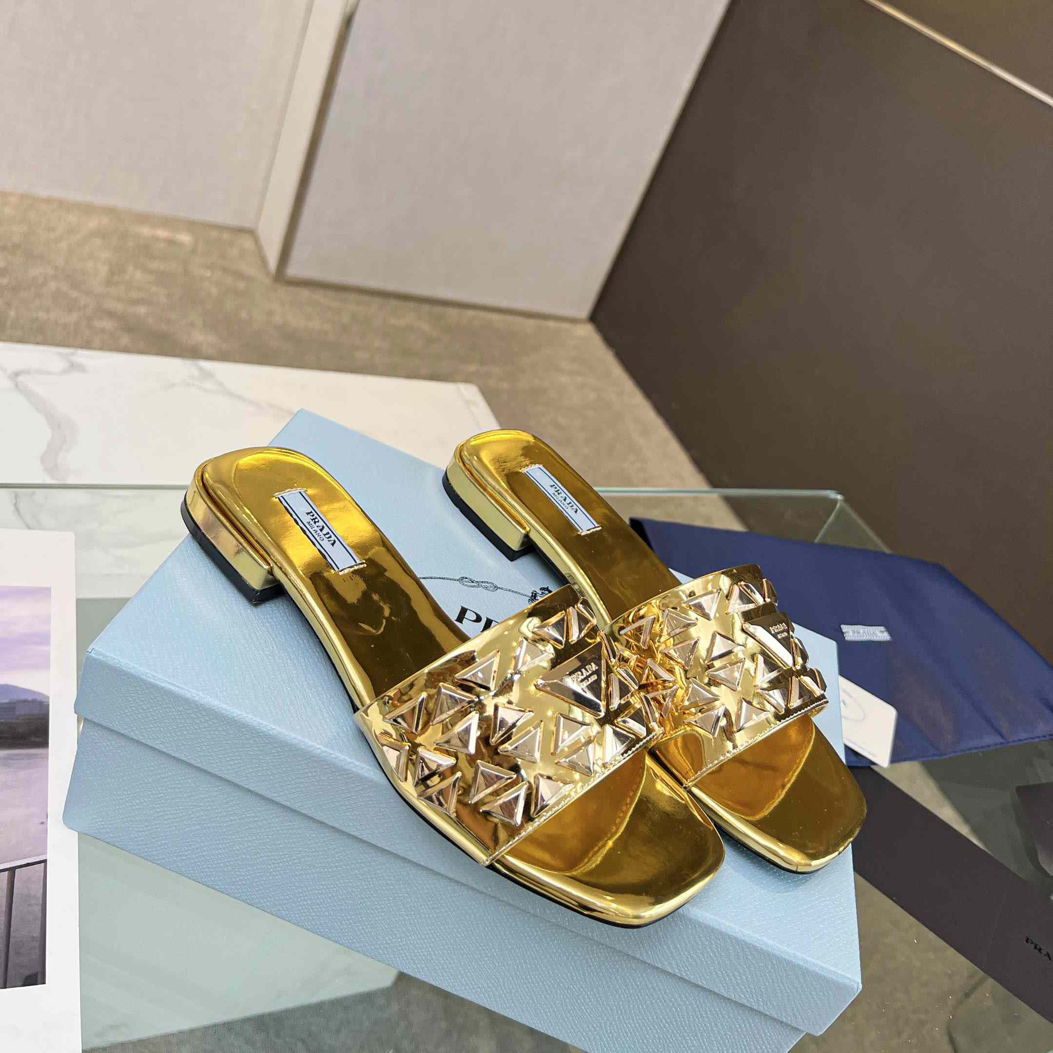 Prada Studded Metallic Leather Slides - PerfectKickZ