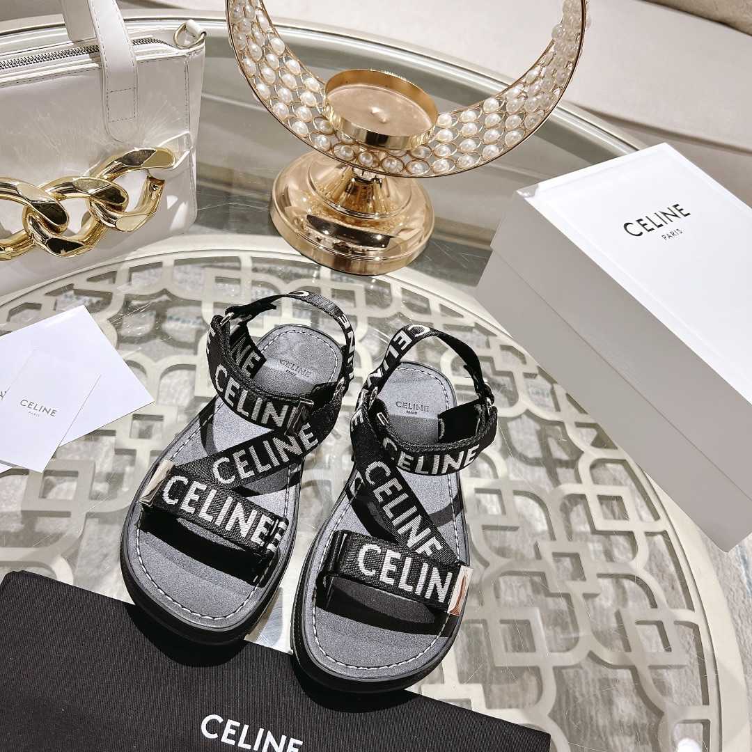 Celine Leo Strappy Sandal In With ''Celine'' Jacquard Black / White - PerfectKickZ