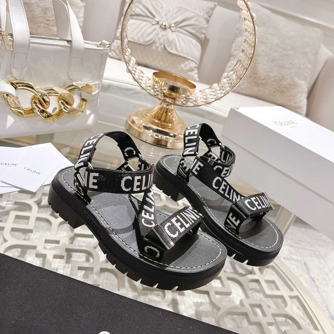 Celine Leo Strappy Sandal In With ''Celine'' Jacquard Black / White - PerfectKickZ