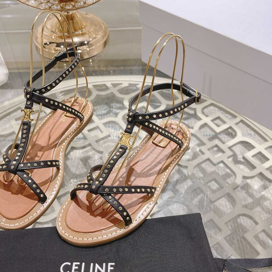 Celine Taillat Flat Sandal With Studs In Calfskin - Vegetal Tanning & Studs Black - 
