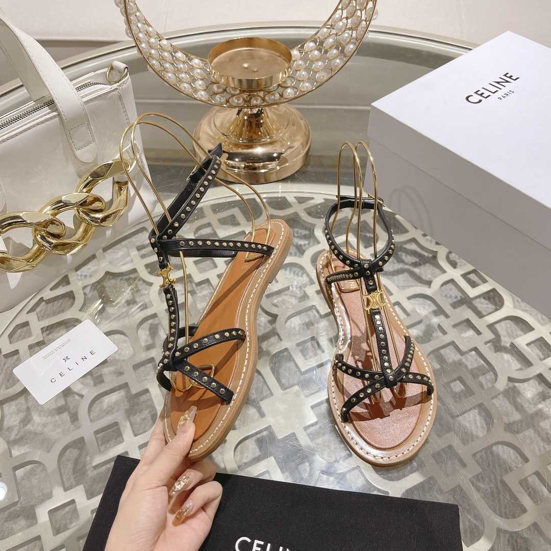 Celine Taillat Flat Sandal With Studs In Calfskin - Vegetal Tanning & Studs Black - 