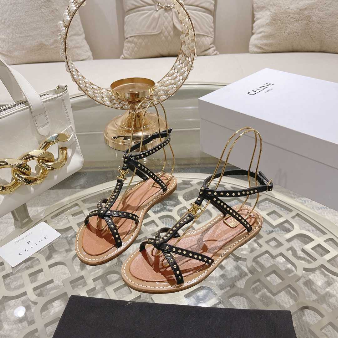 Celine Taillat Flat Sandal With Studs In Calfskin - Vegetal Tanning & Studs Black - 