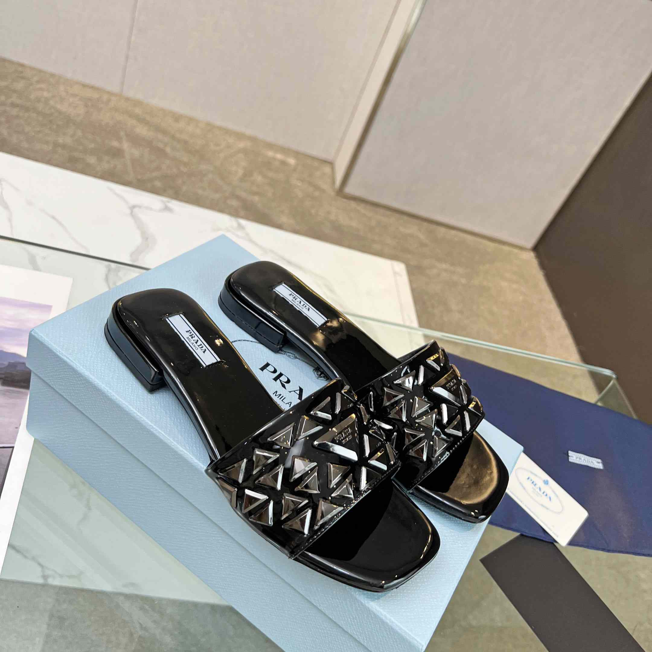 Prada Studded Metallic Leather Slides - PerfectKickZ