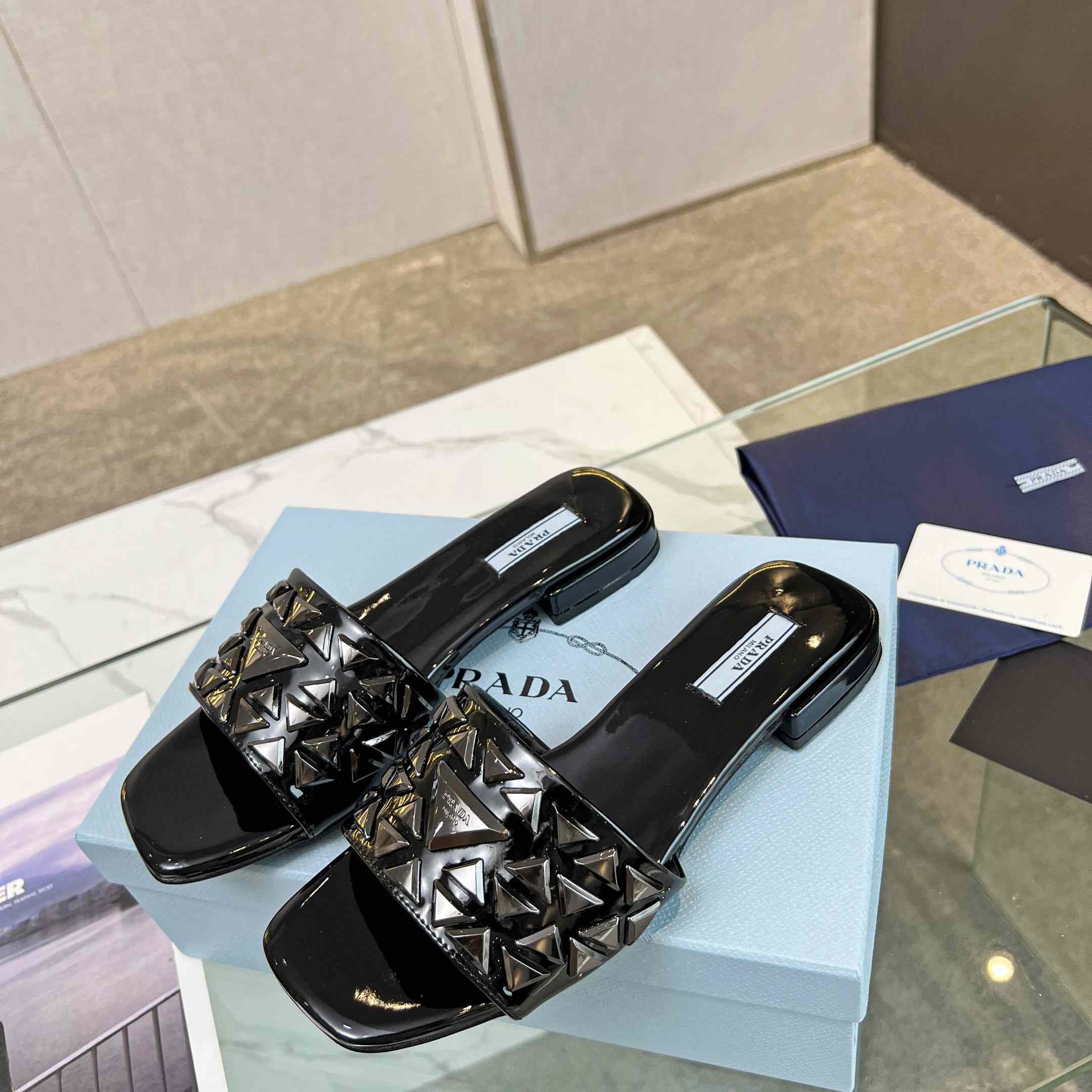 Prada Studded Metallic Leather Slides - PerfectKickZ