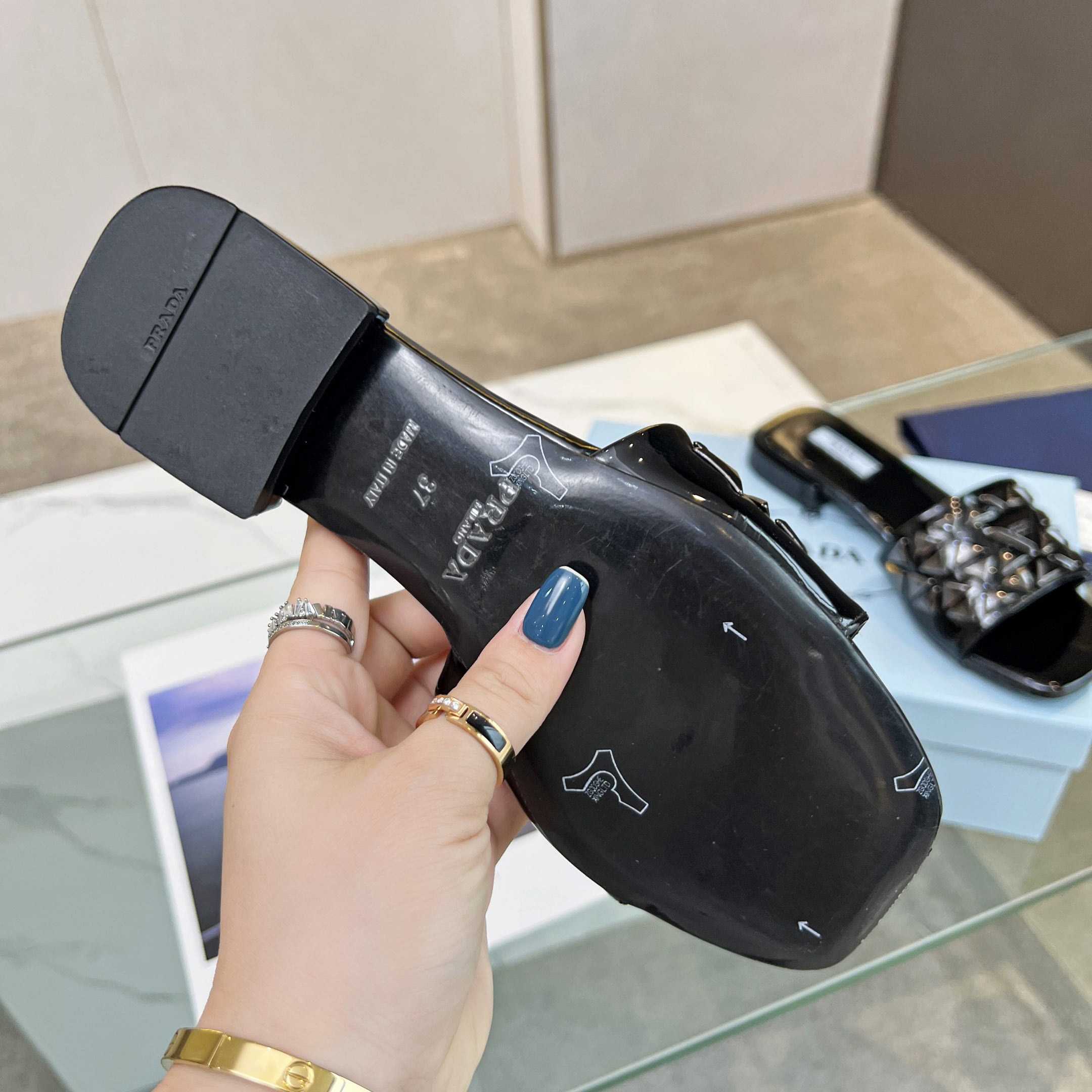 Prada Studded Metallic Leather Slides - 