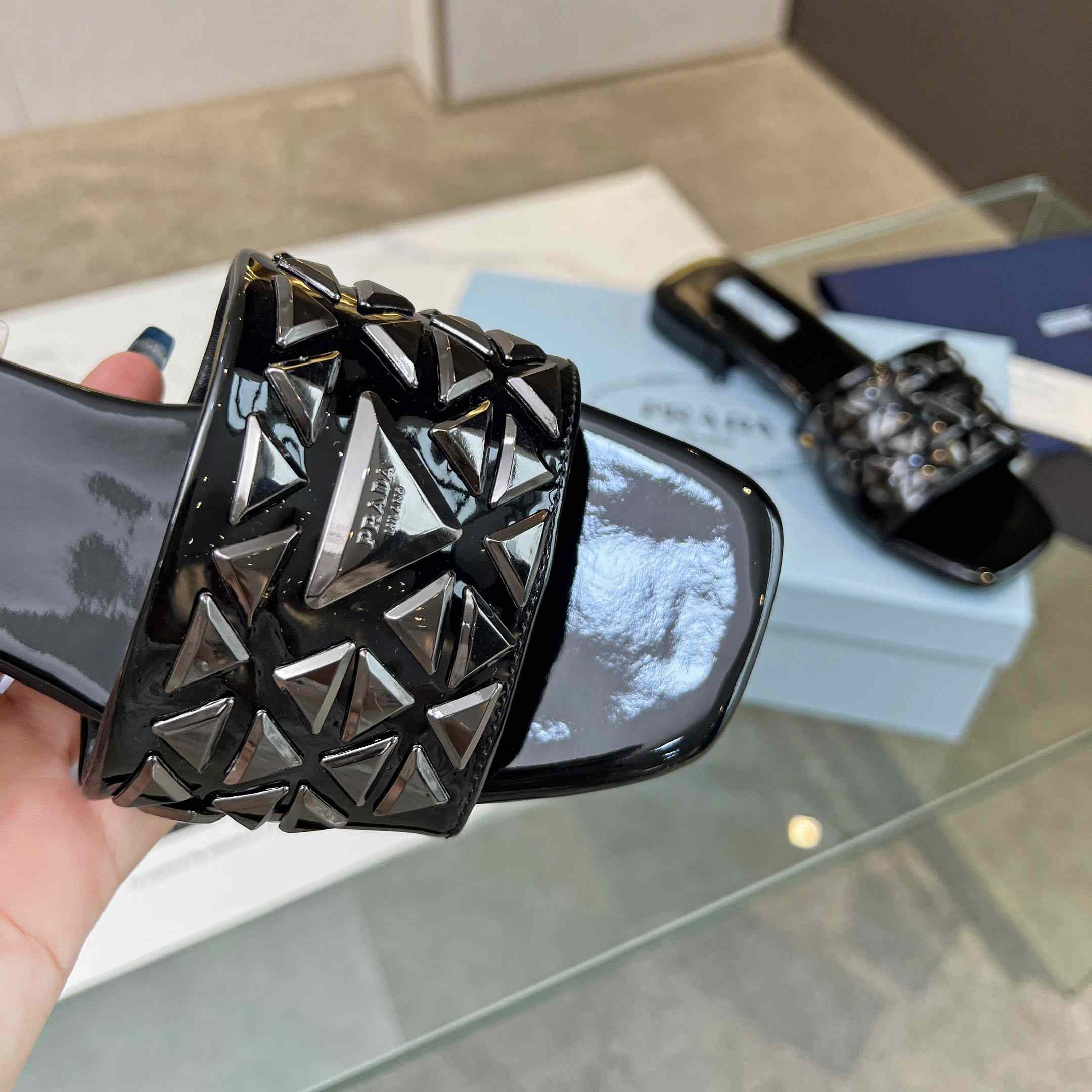 Prada Studded Metallic Leather Slides - 