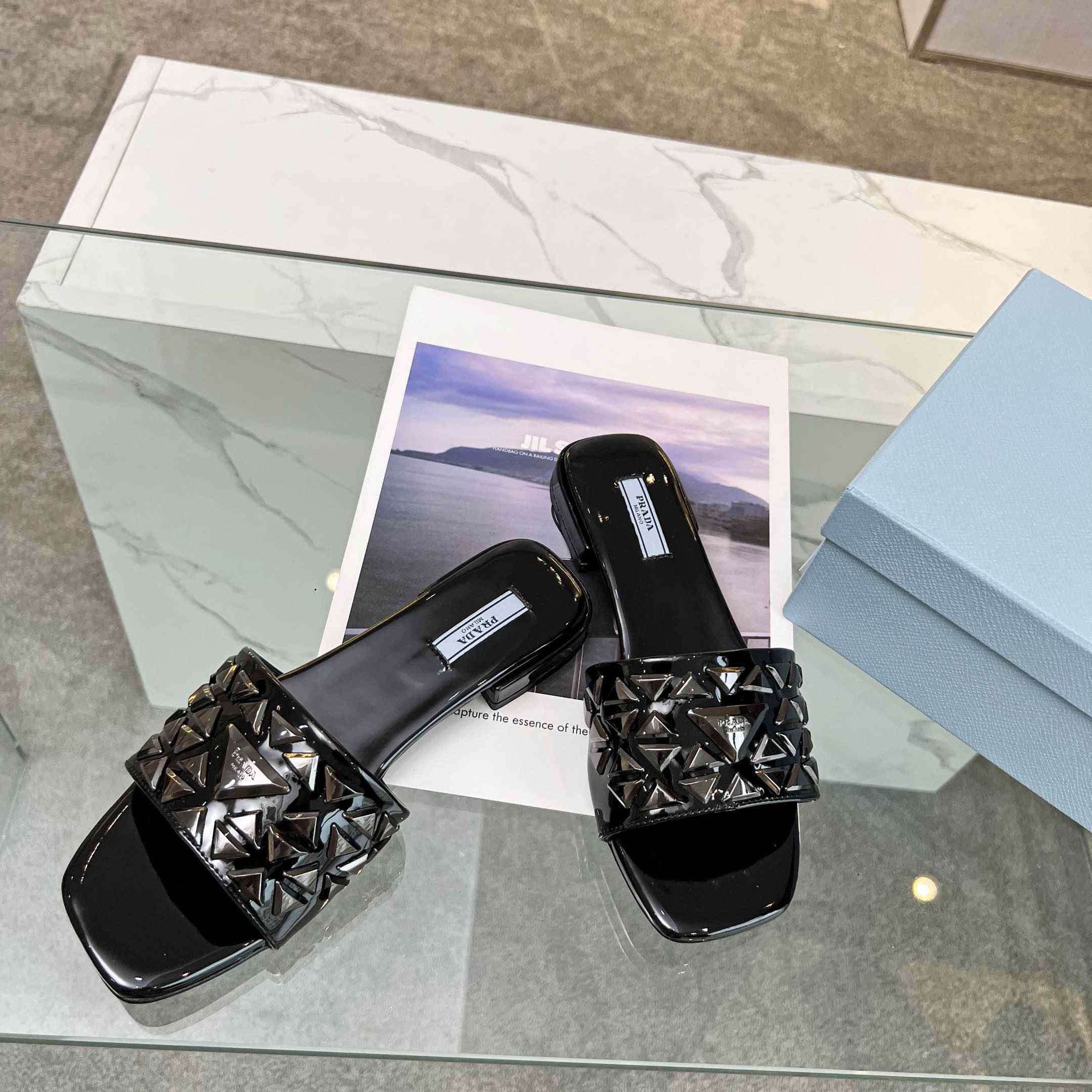 Prada Studded Metallic Leather Slides - 