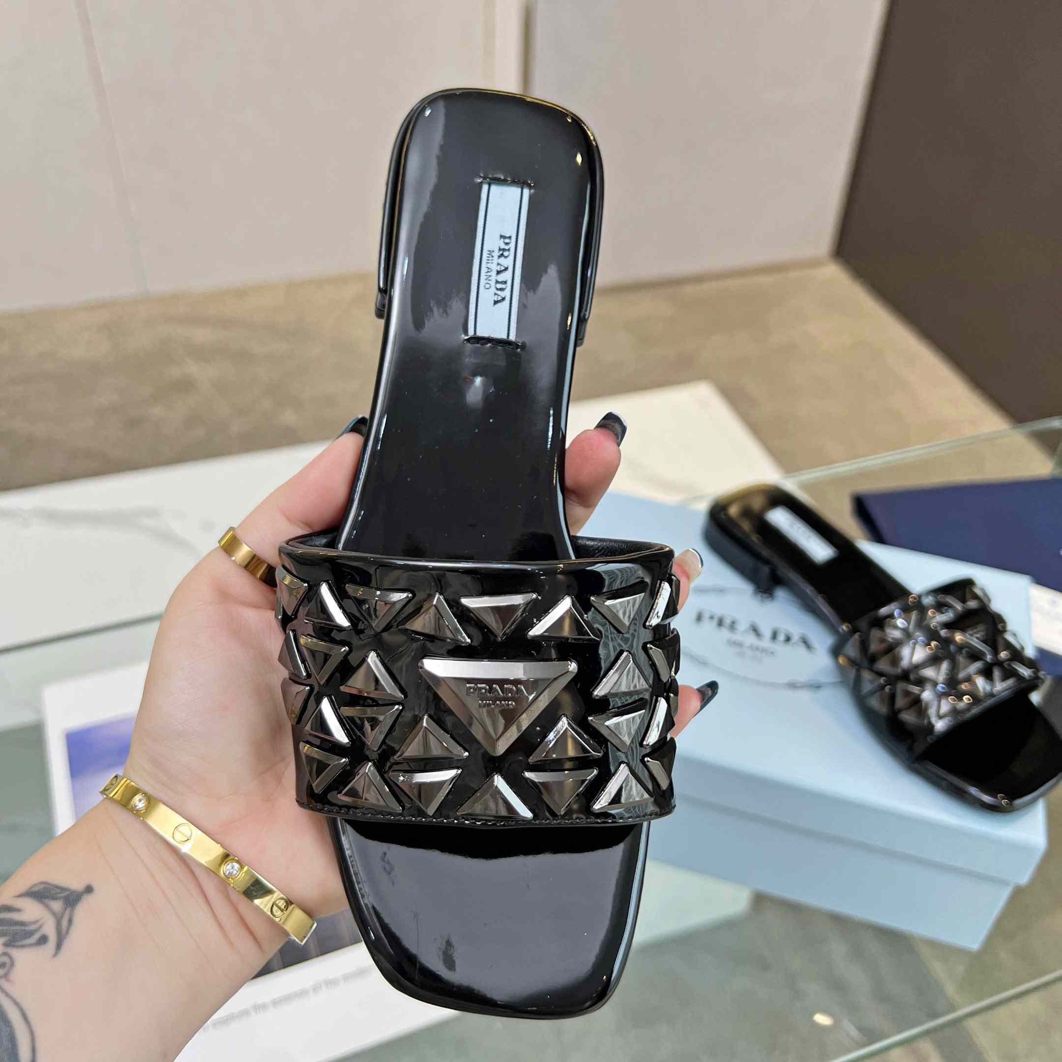 Prada Studded Metallic Leather Slides - 