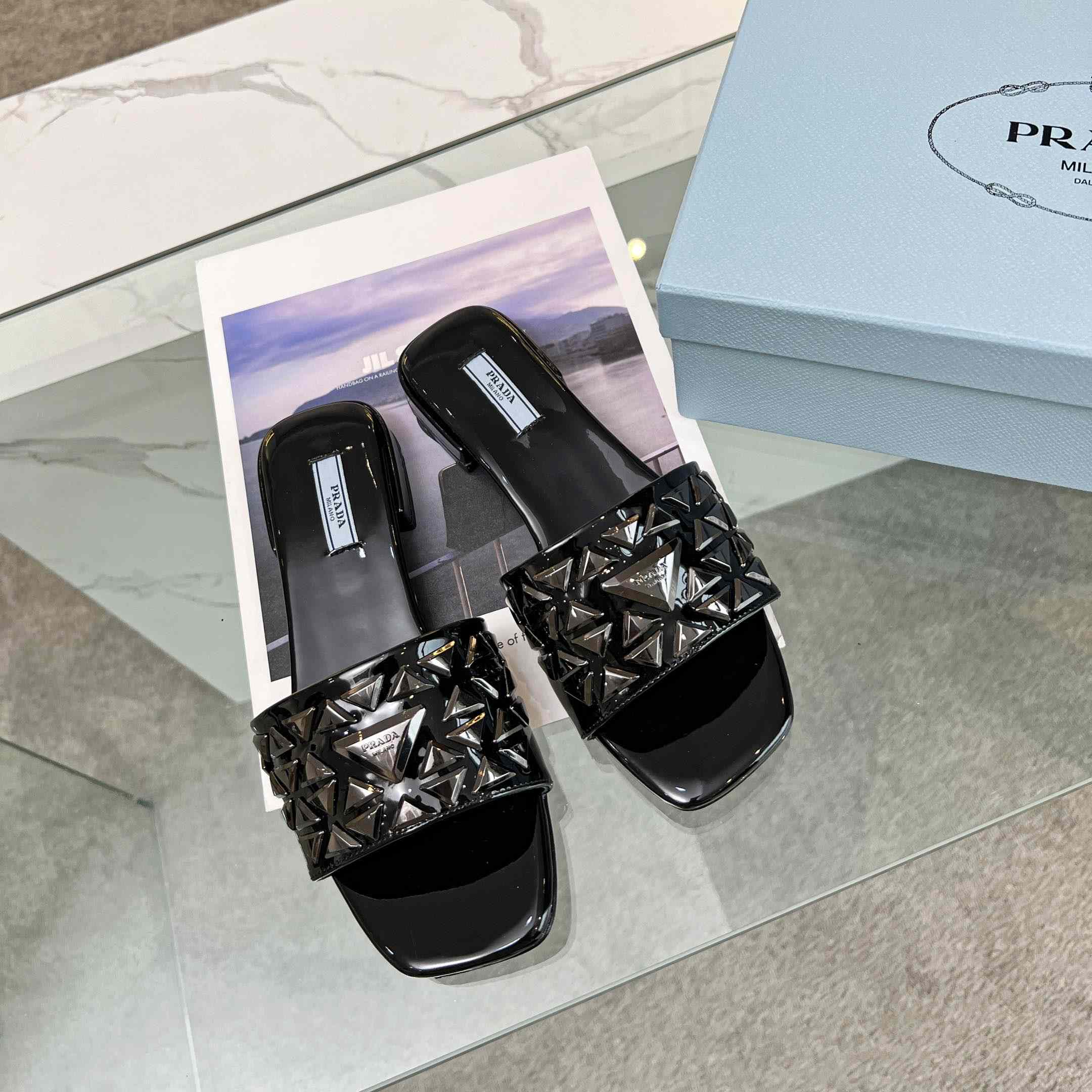 Prada Studded Metallic Leather Slides - 