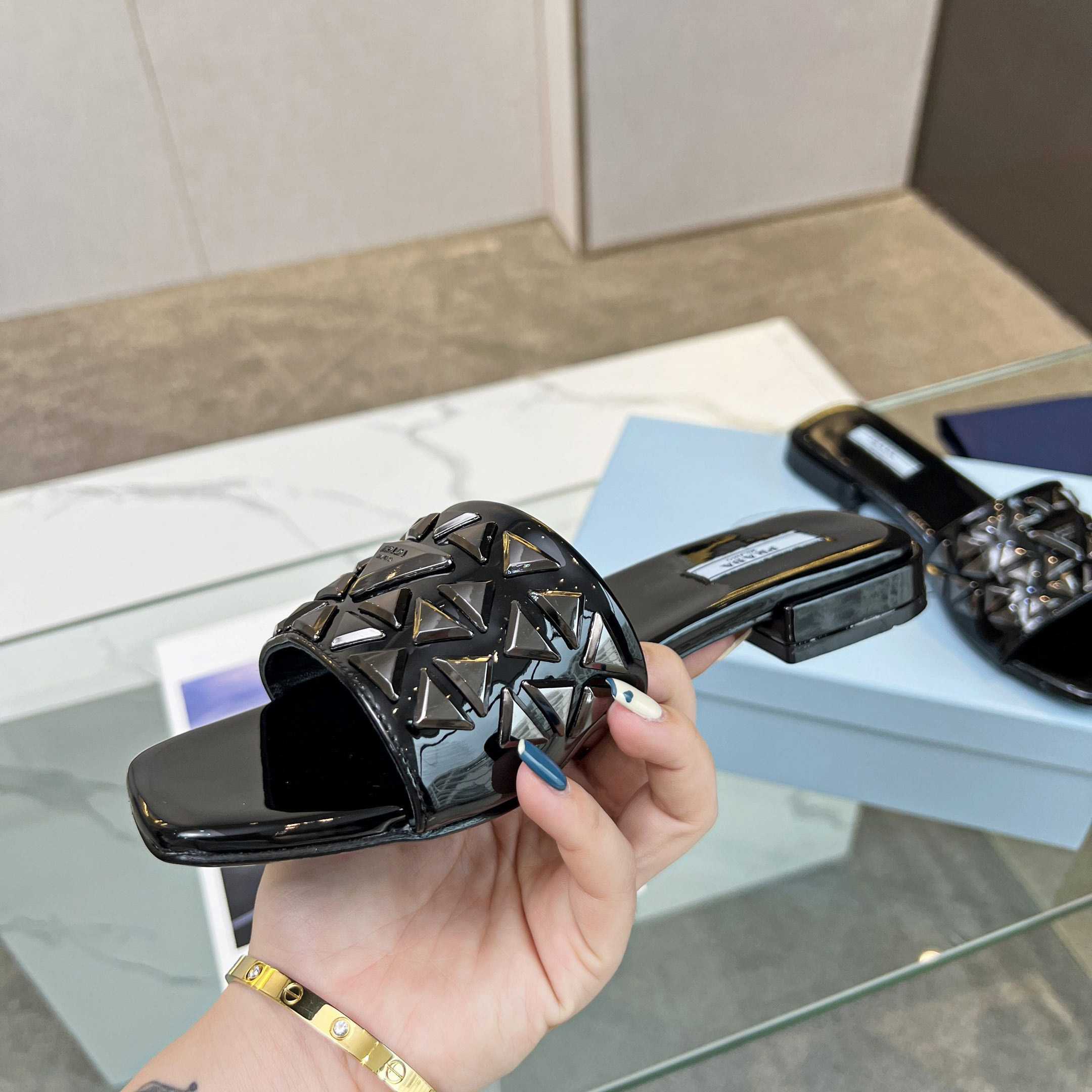 Prada Studded Metallic Leather Slides - 