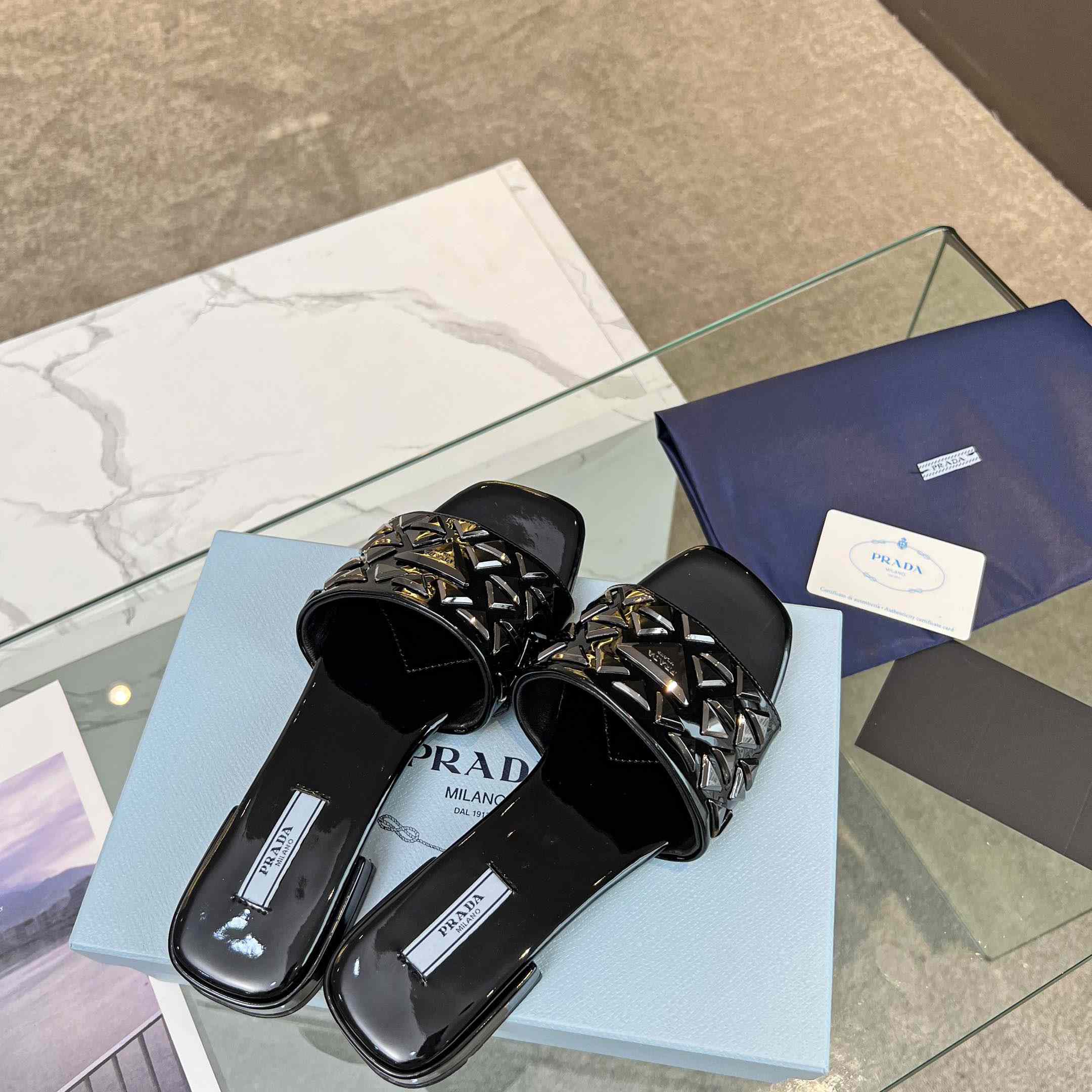 Prada Studded Metallic Leather Slides - 