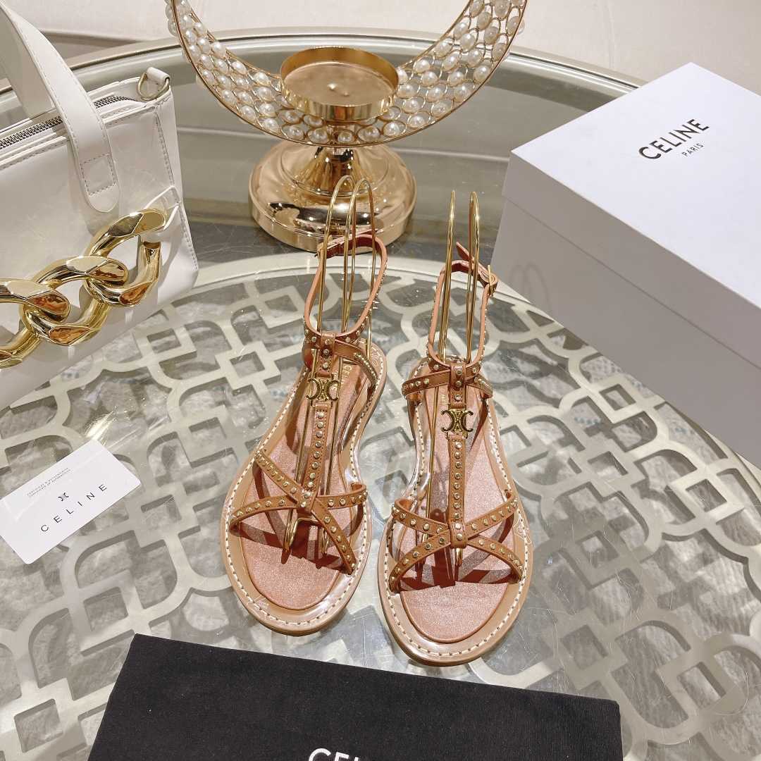 Celine Taillat Flat Sandal With Studs In Calfskin - Vegetal Tanning & Studs Tan - PerfectKickZ