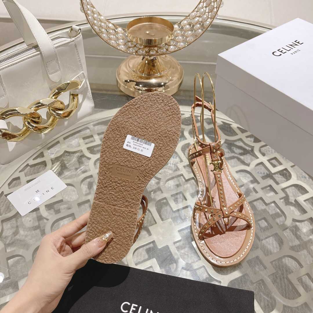 Celine Taillat Flat Sandal With Studs In Calfskin - Vegetal Tanning & Studs Tan - 