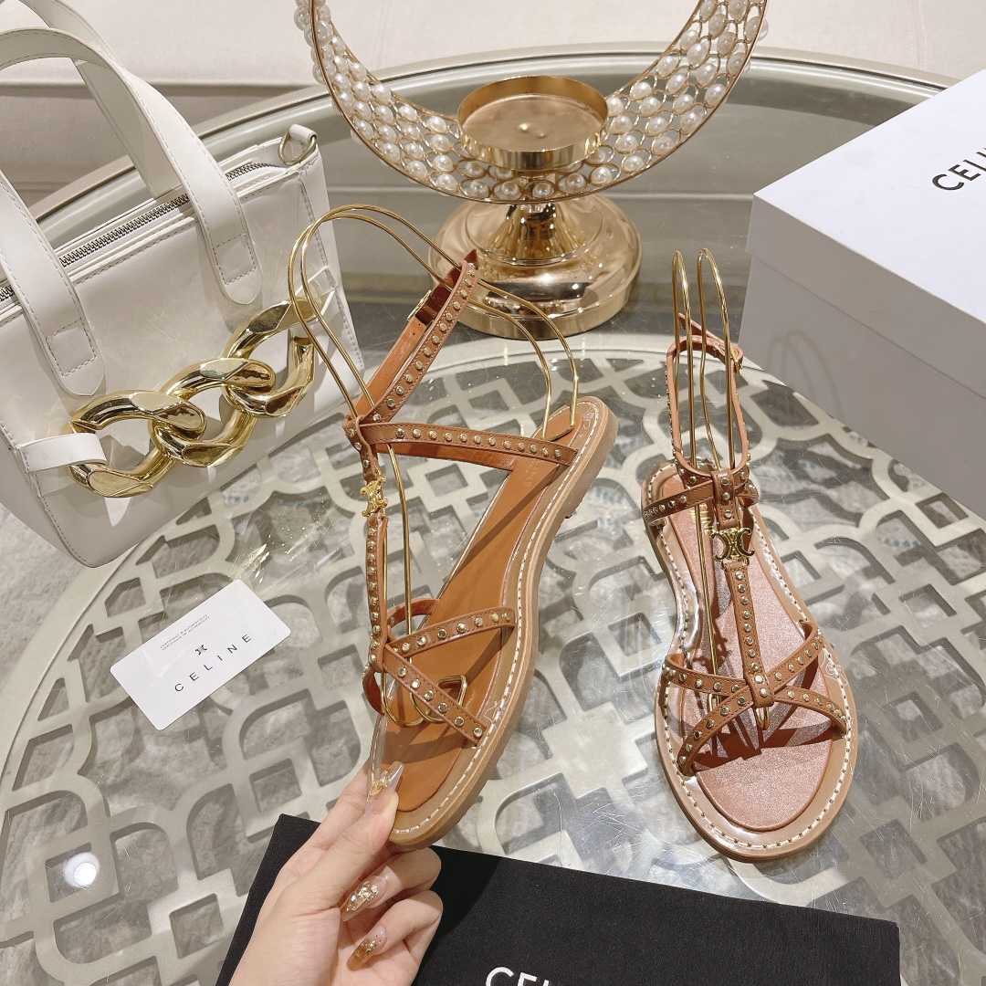 Celine Taillat Flat Sandal With Studs In Calfskin - Vegetal Tanning & Studs Tan - 