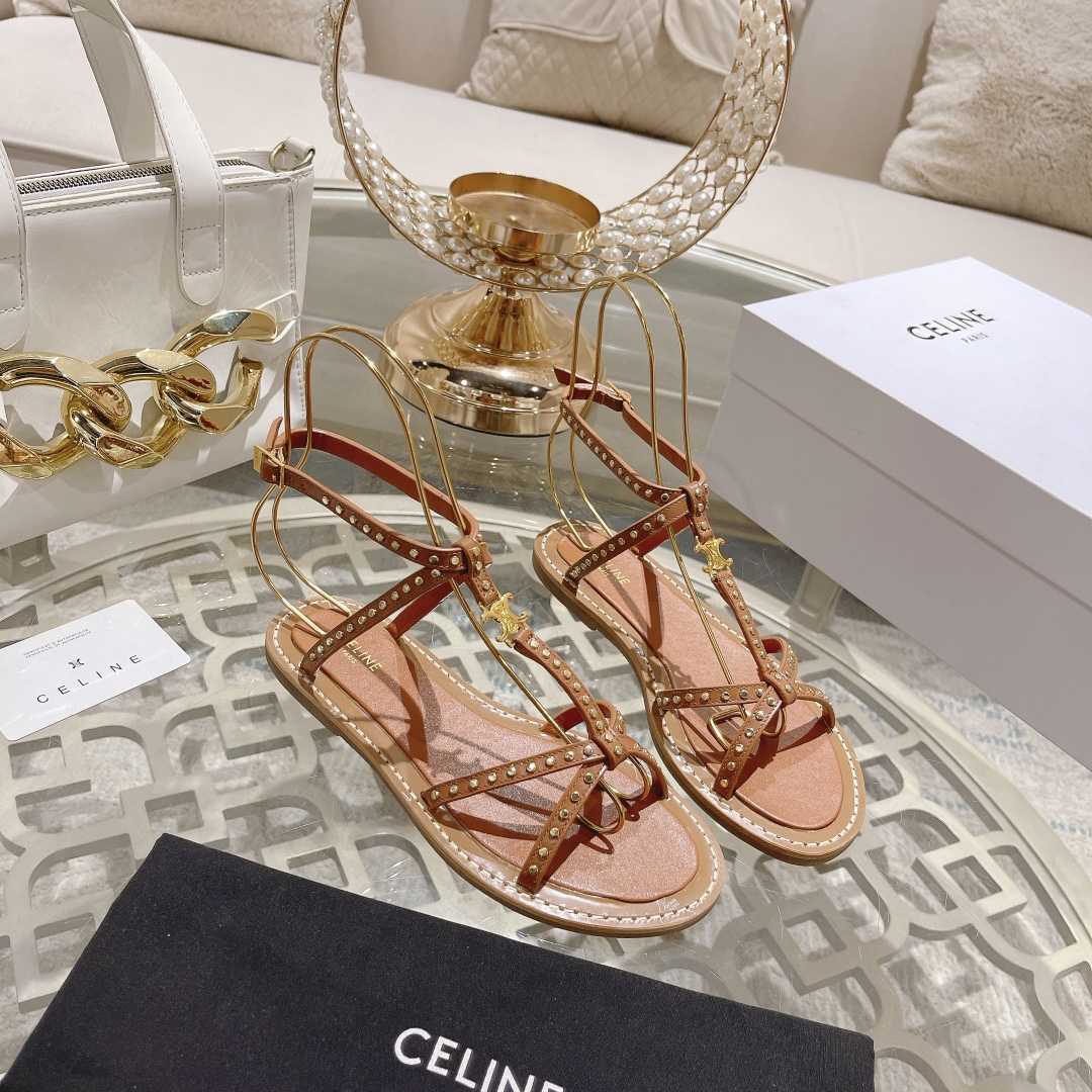 Celine Taillat Flat Sandal With Studs In Calfskin - Vegetal Tanning & Studs Tan - PerfectKickZ