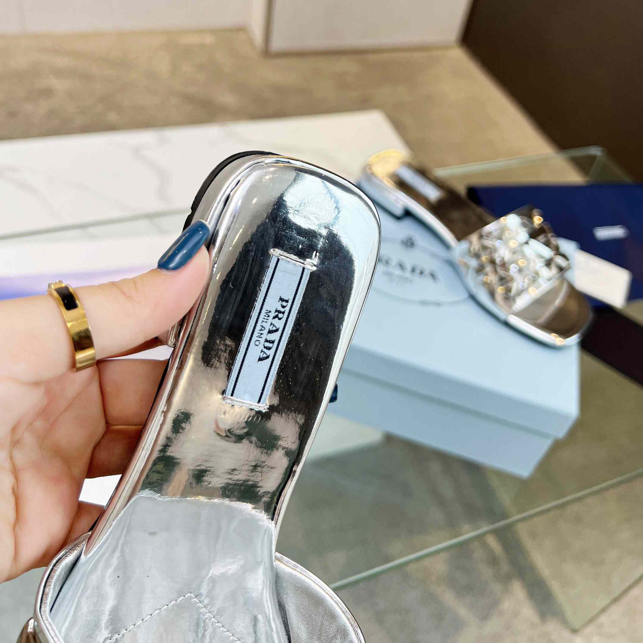 Prada Studded Metallic Leather Slides - PerfectKickZ