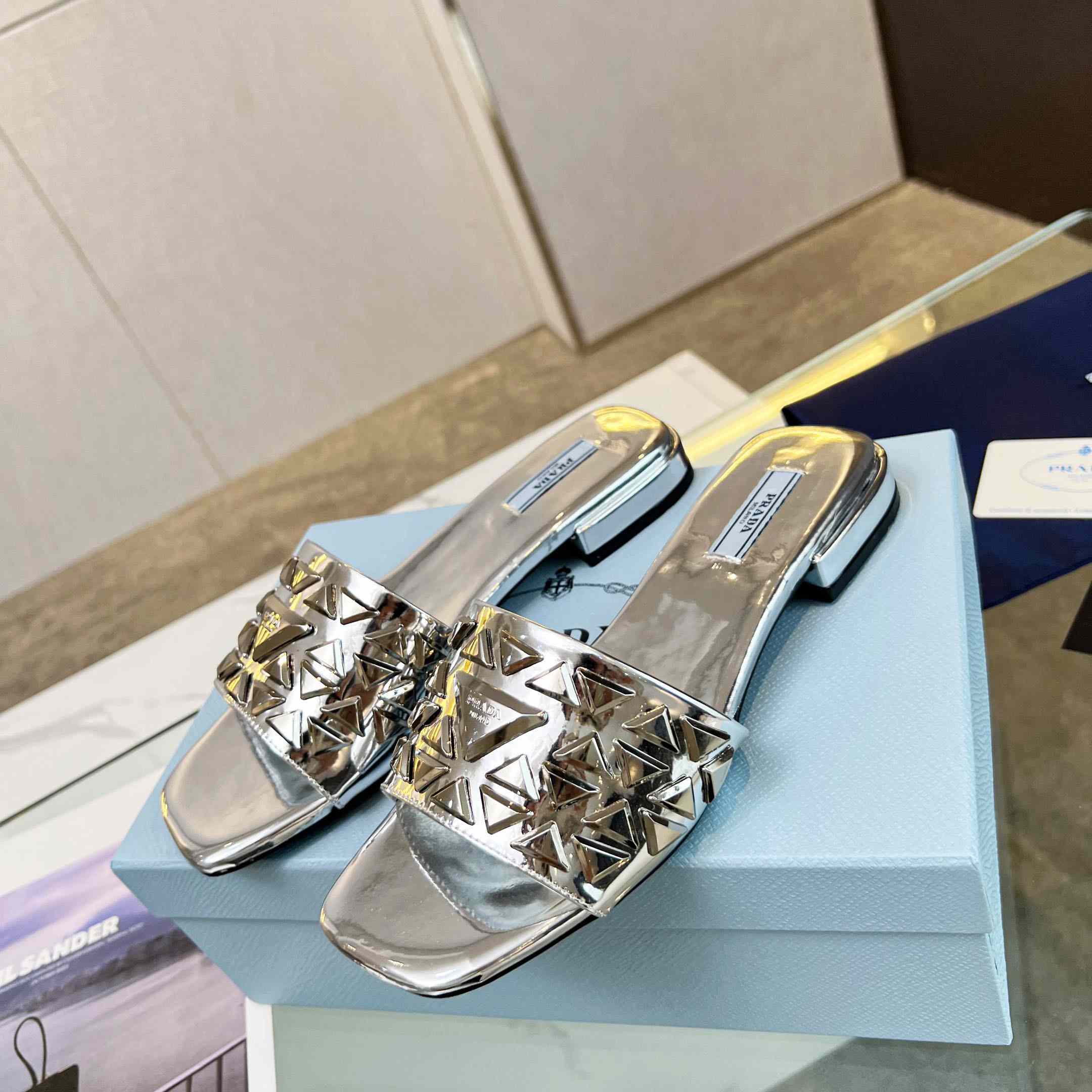 Prada Studded Metallic Leather Slides - PerfectKickZ