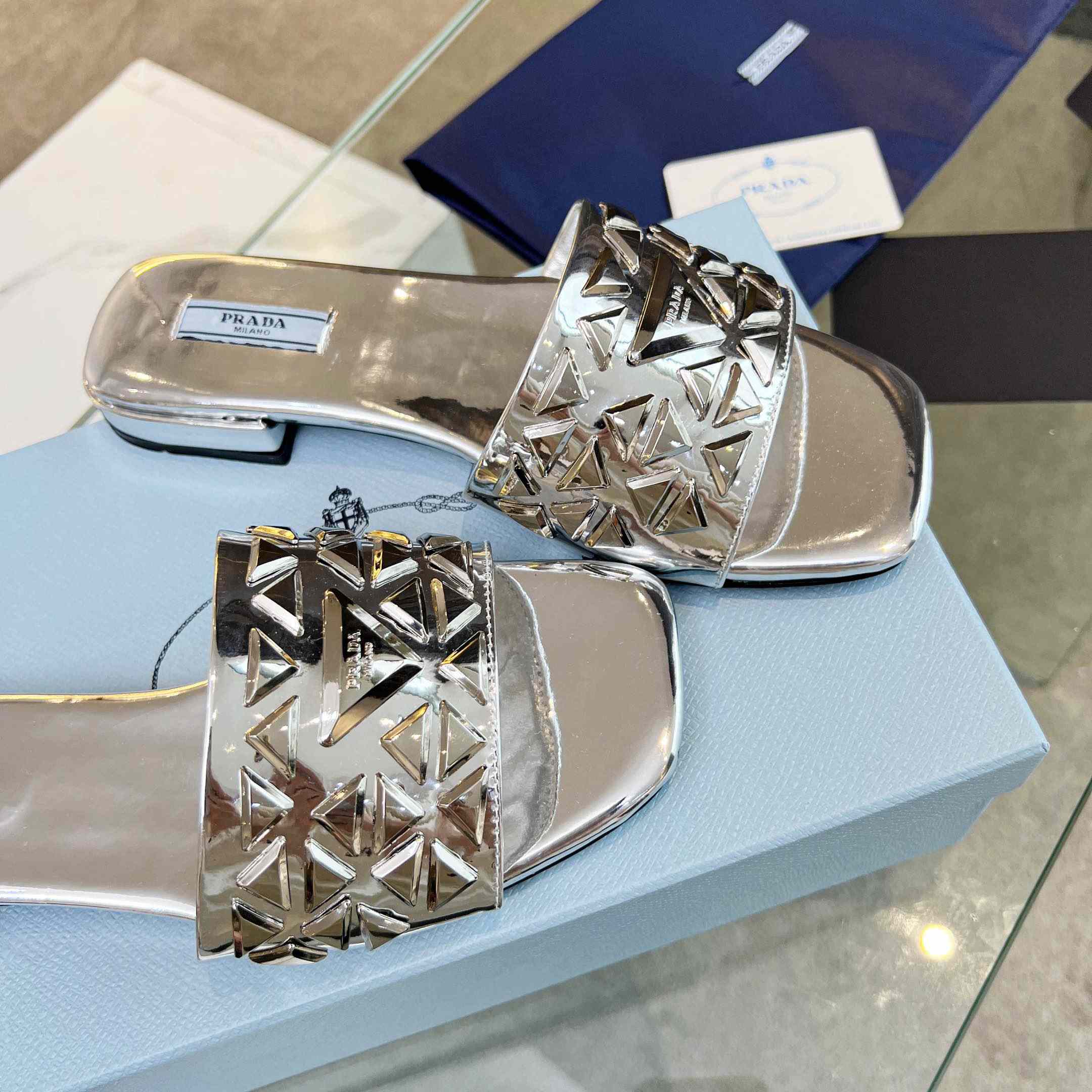 Prada Studded Metallic Leather Slides - PerfectKickZ