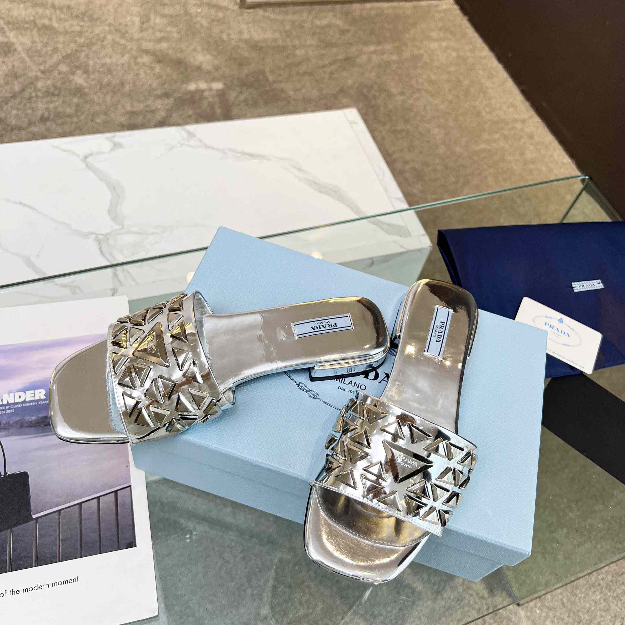 Prada Studded Metallic Leather Slides - PerfectKickZ