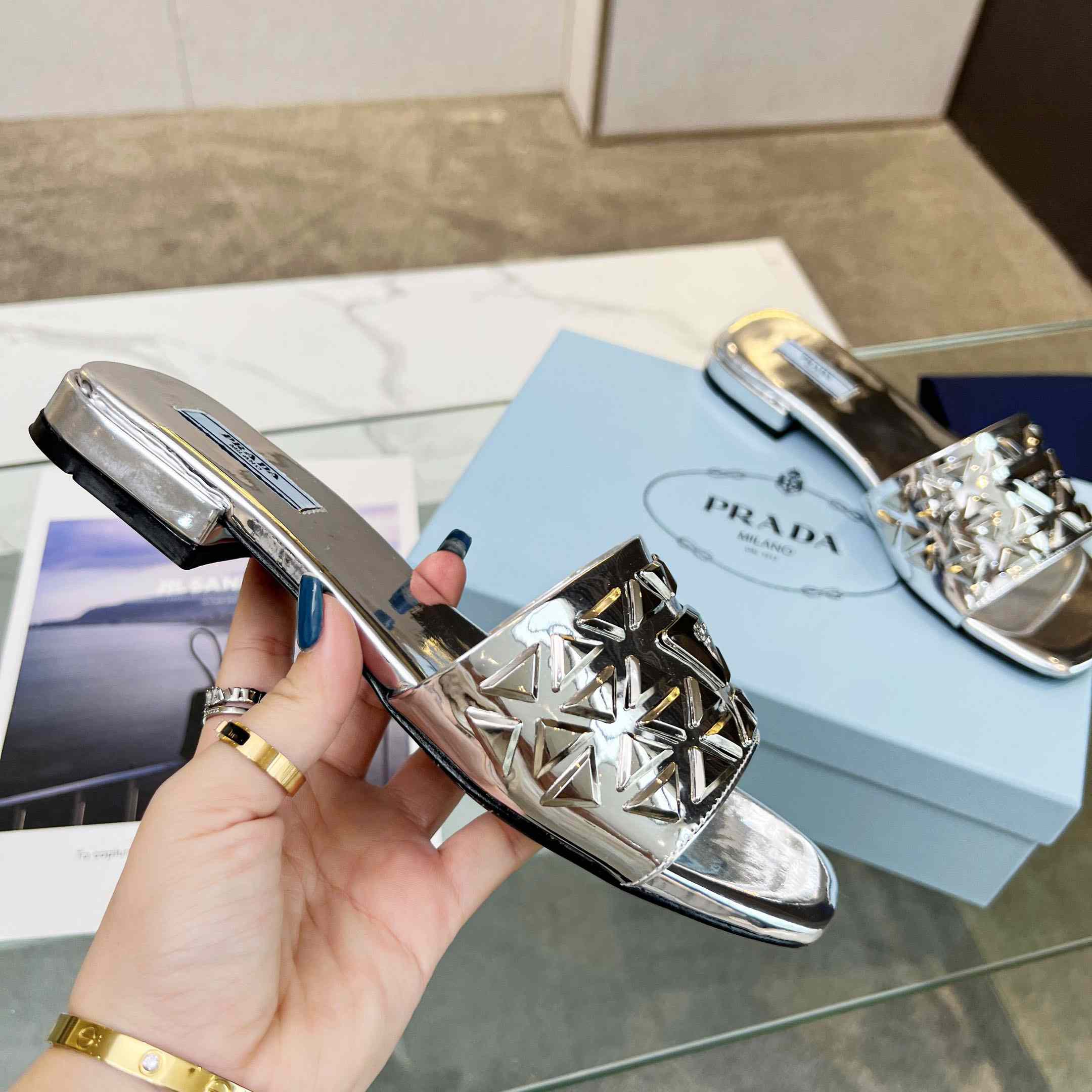 Prada Studded Metallic Leather Slides - PerfectKickZ