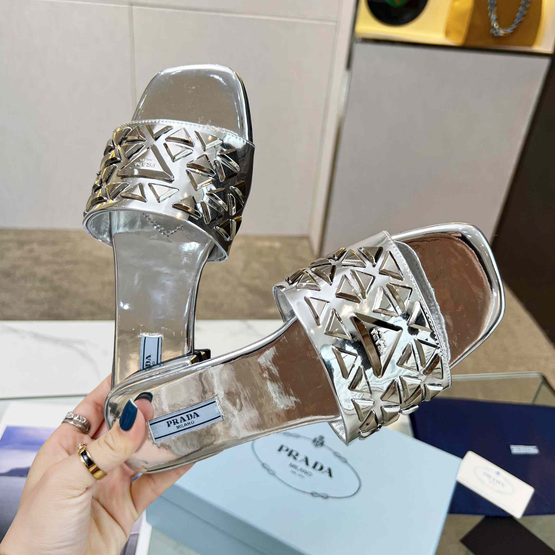 Prada Studded Metallic Leather Slides - PerfectKickZ
