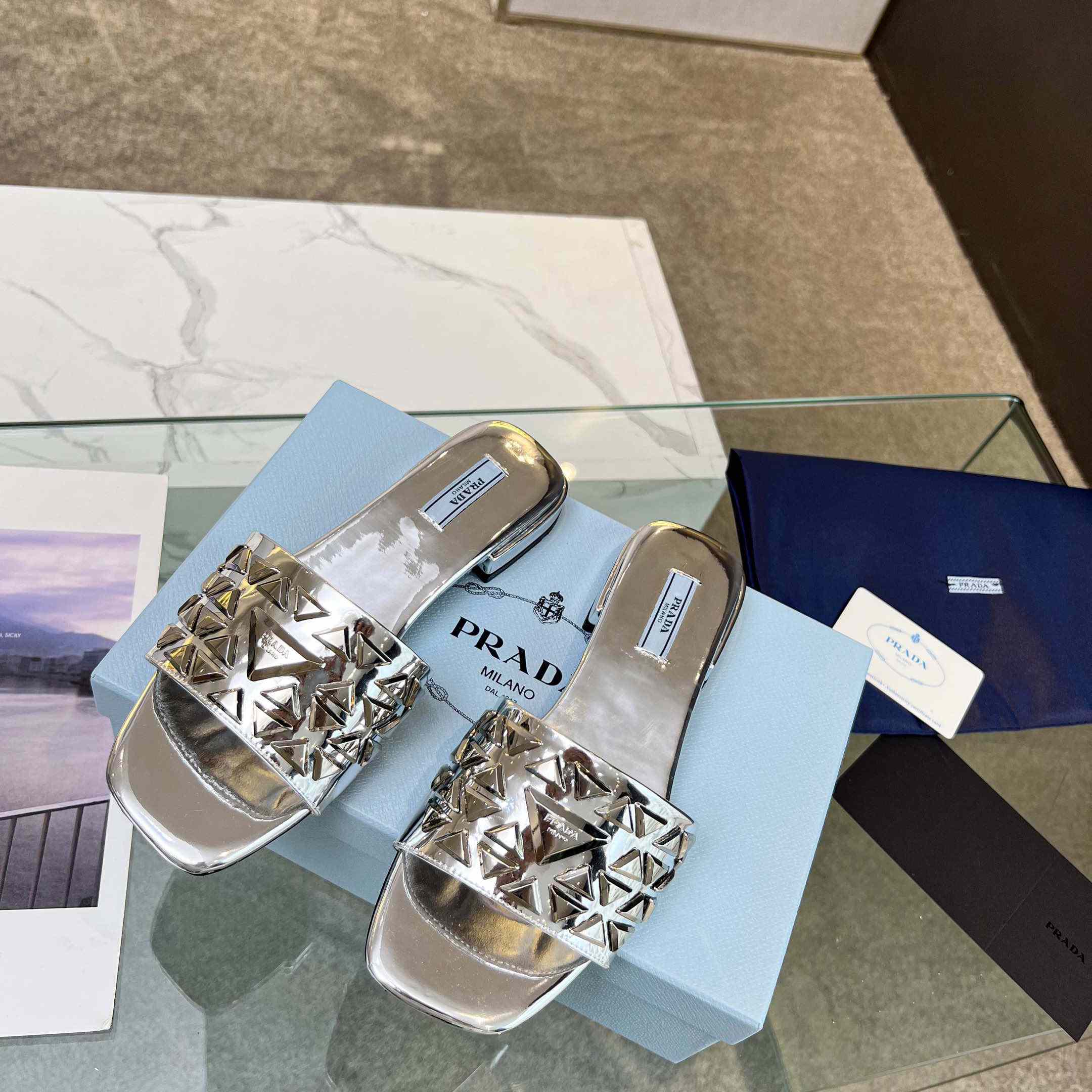Prada Studded Metallic Leather Slides - PerfectKickZ