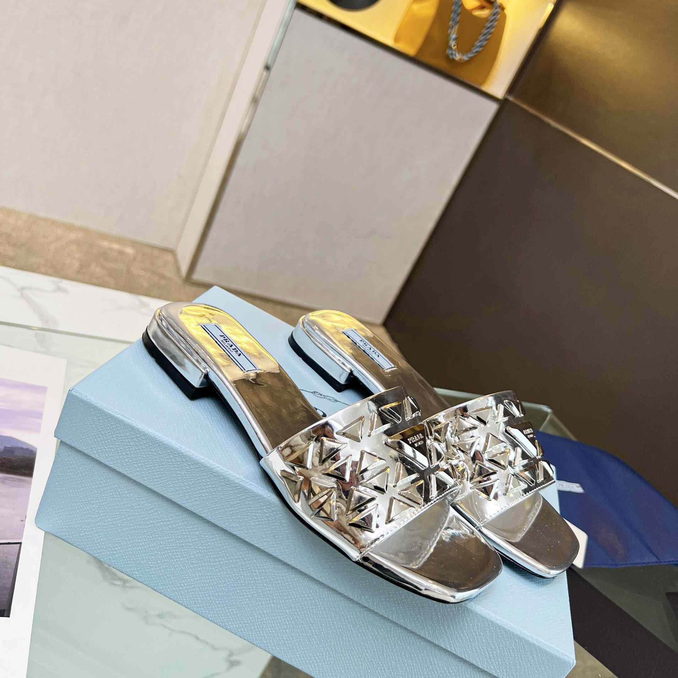 Prada Studded Metallic Leather Slides - PerfectKickZ