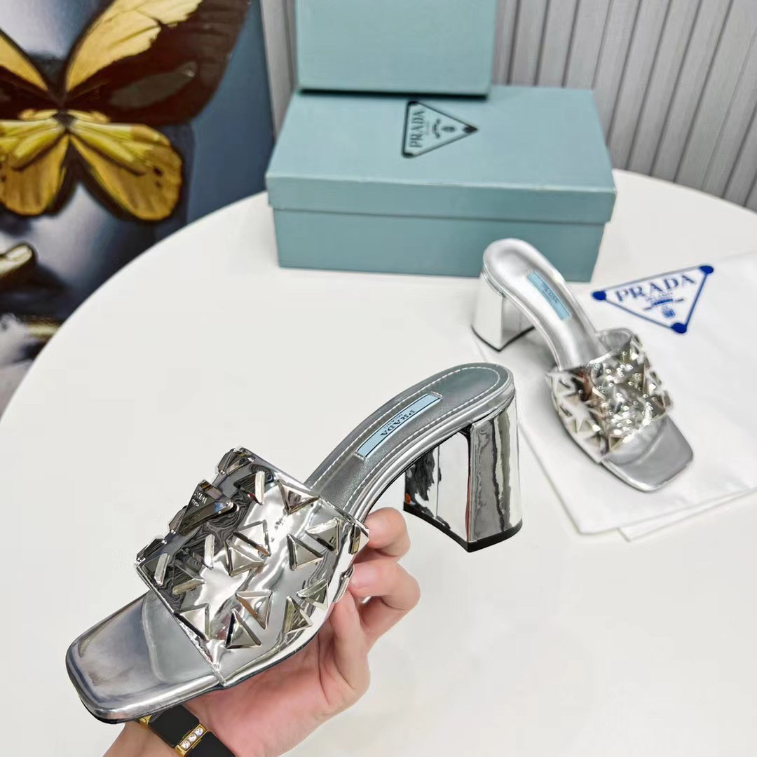 Prada Studded Metallic Leather Mules - PerfectKickZ
