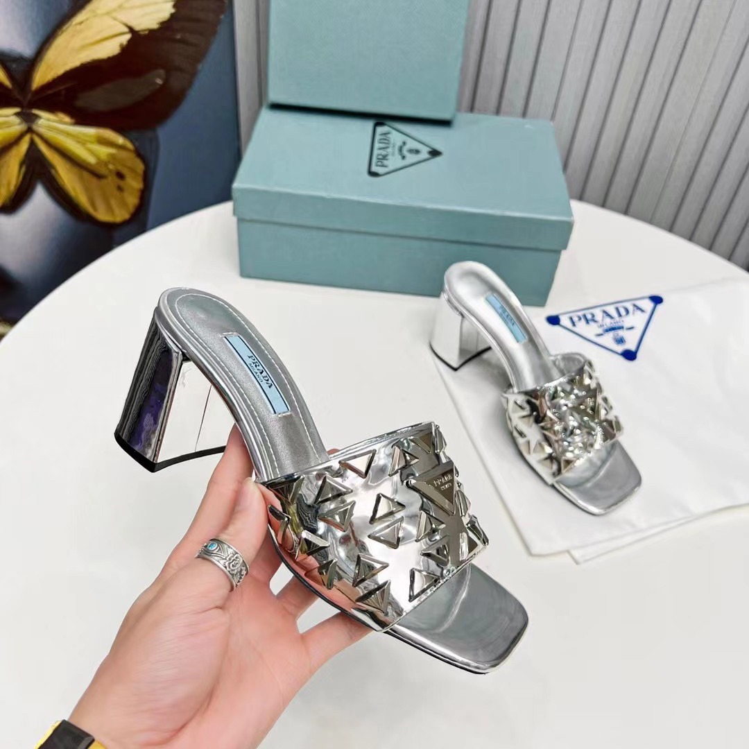 Prada Studded Metallic Leather Mules - PerfectKickZ
