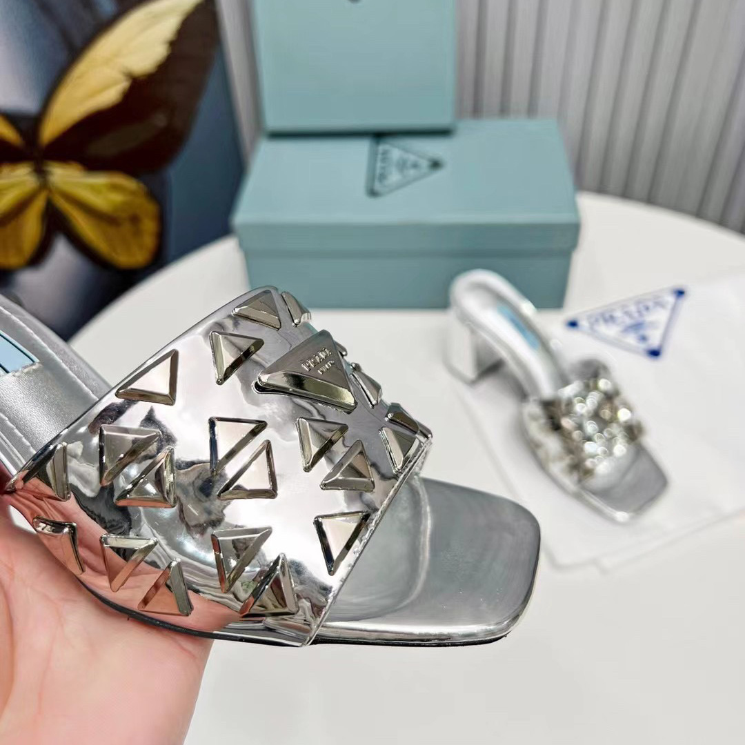 Prada Studded Metallic Leather Mules - PerfectKickZ
