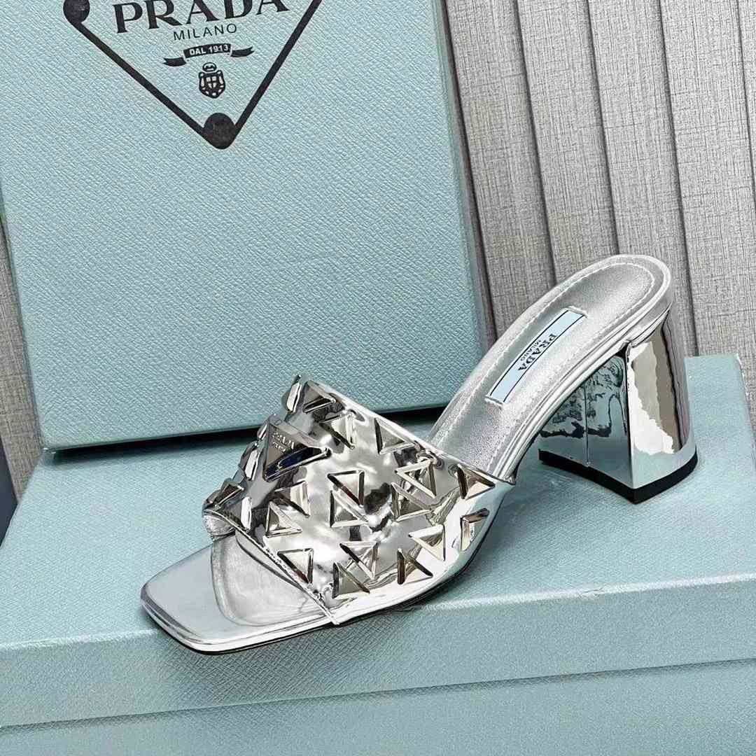 Prada Studded Metallic Leather Mules - PerfectKickZ