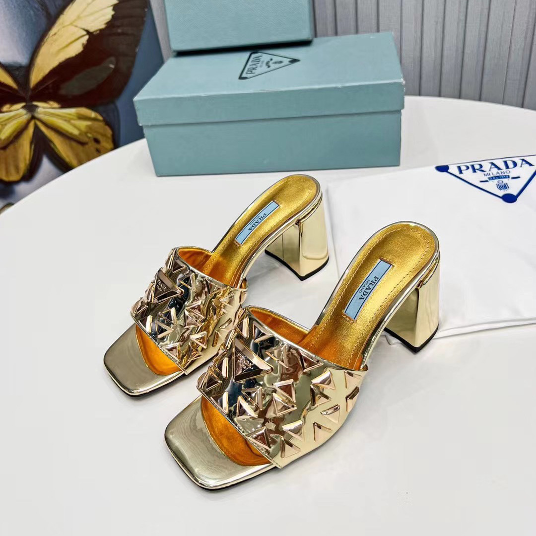 Prada Studded Metallic Leather Mules - PerfectKickZ