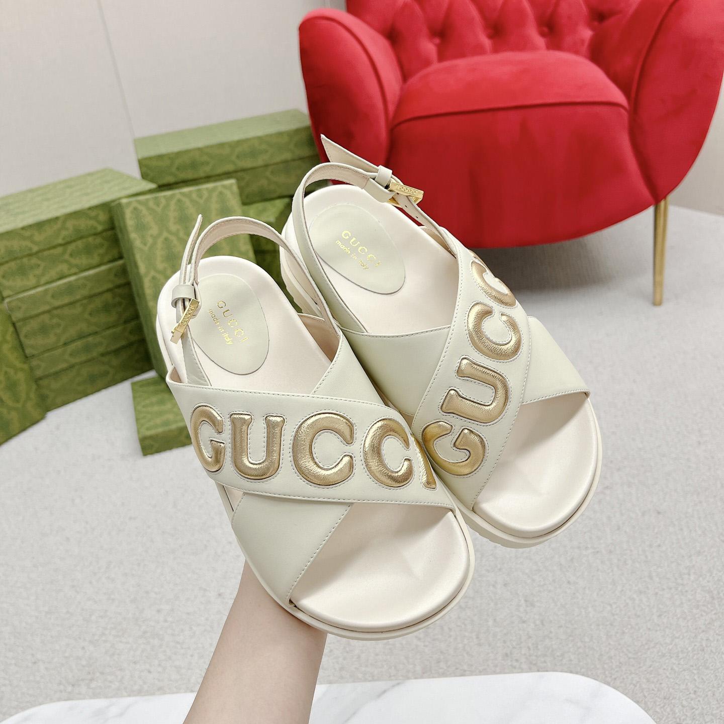Gucci White Embossed Sandals - PerfectKickZ