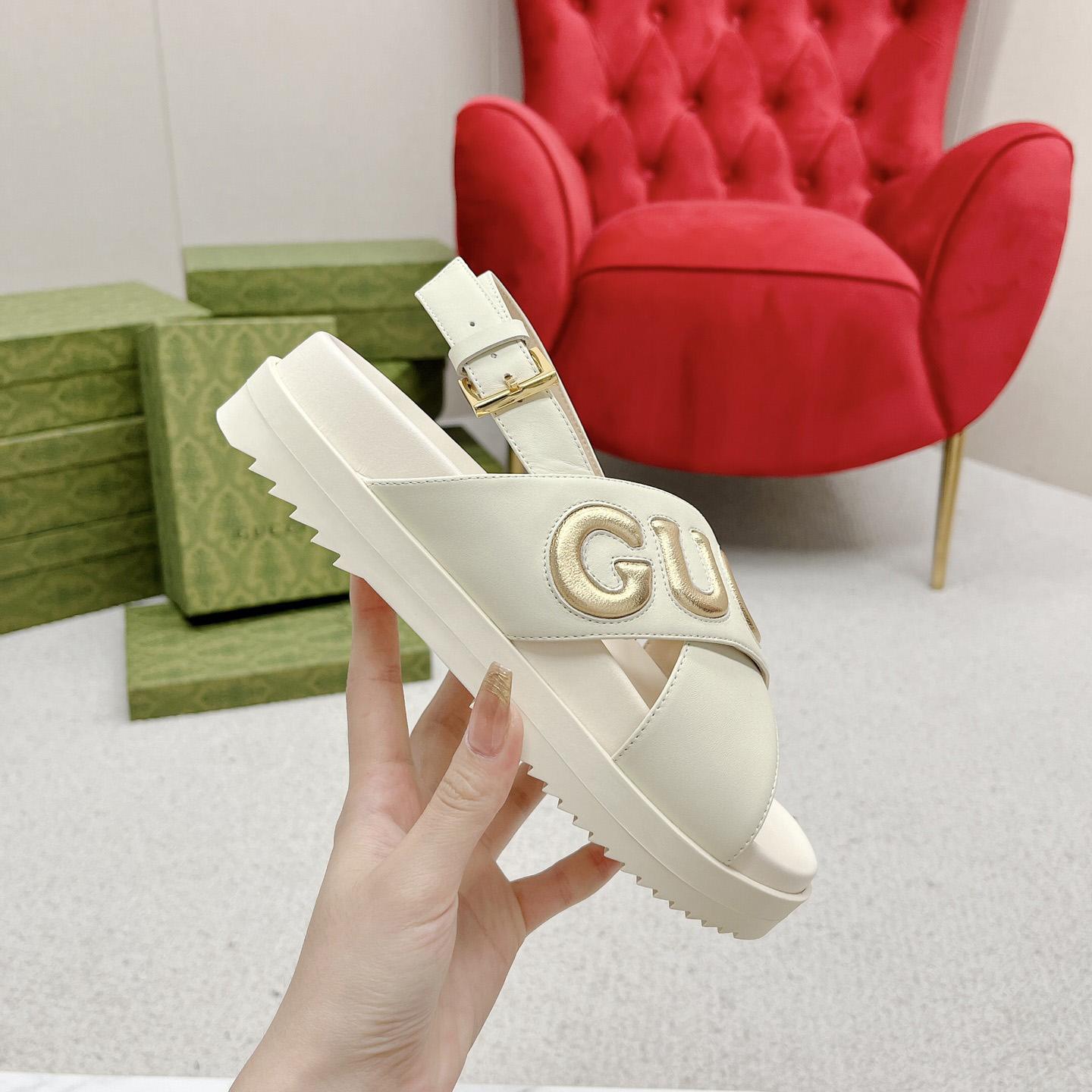 Gucci White Embossed Sandals - PerfectKickZ