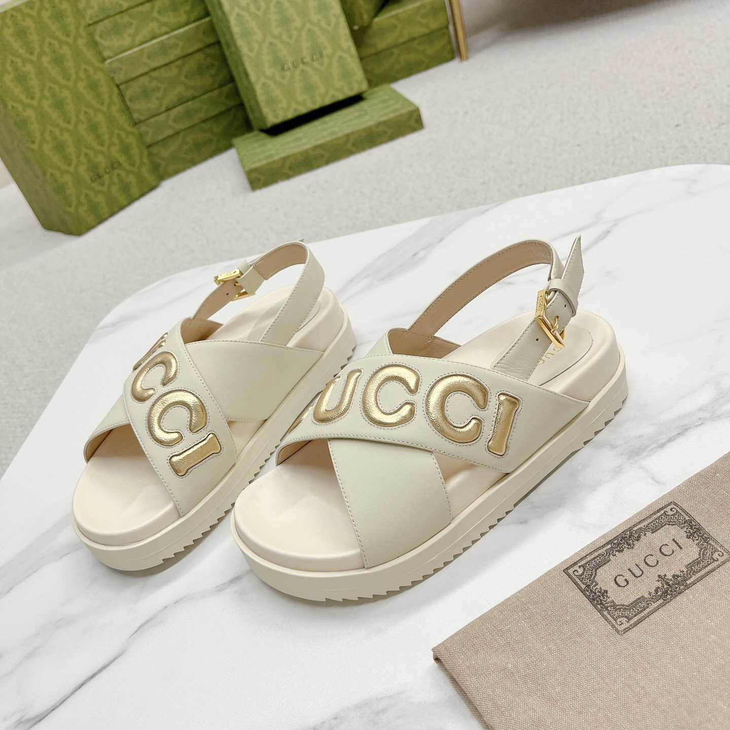 Gucci White Embossed Sandals - PerfectKickZ